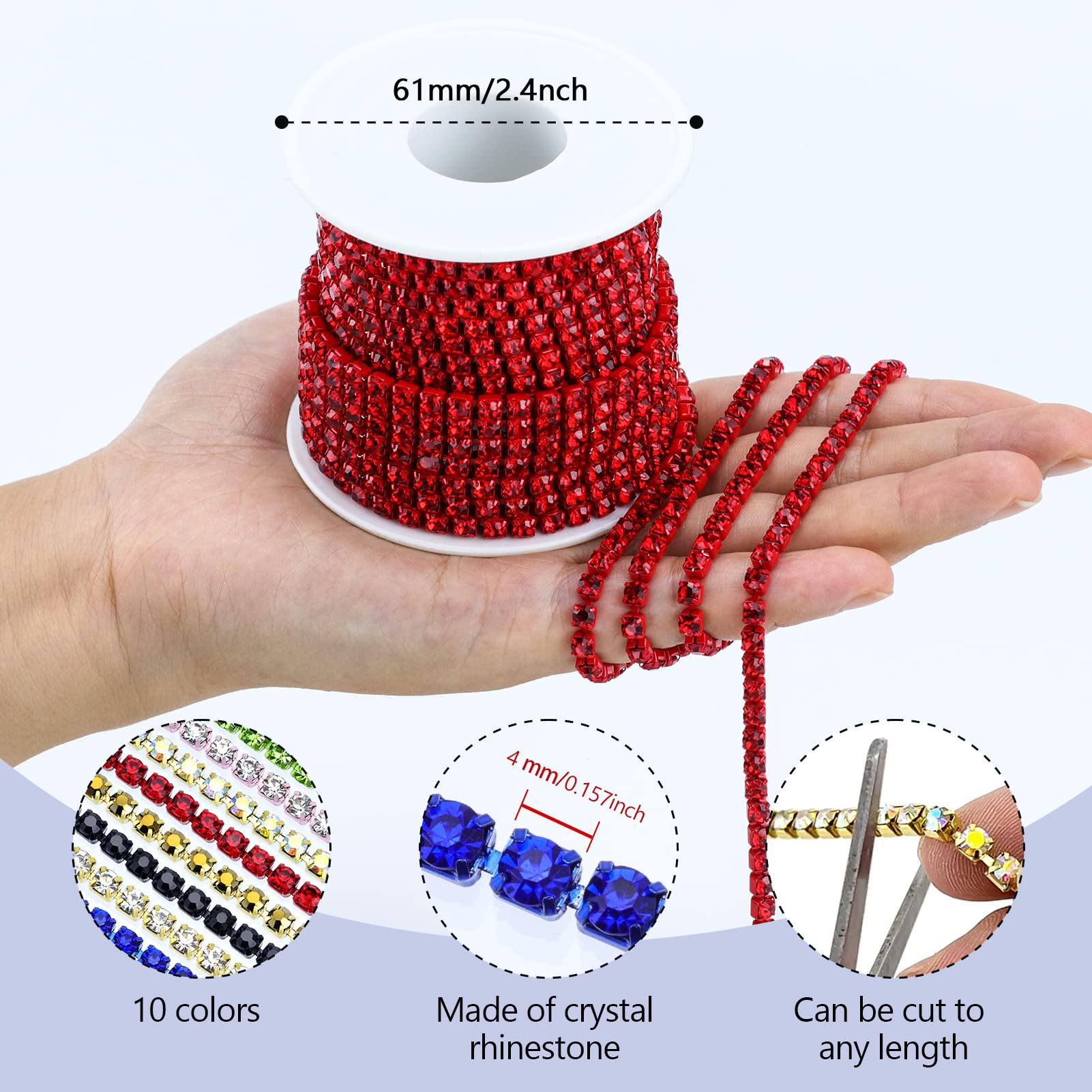 Dowarm 10 Yards 4MM Crystal Rhinestone Chain Trim for Sewing Crocs Shoes, SS16 Rhinestone Chain for Craft Cups Jewelry Wedding Bouquet DIY Decoration, Sewing Close Chain Trim, Siam/Red
