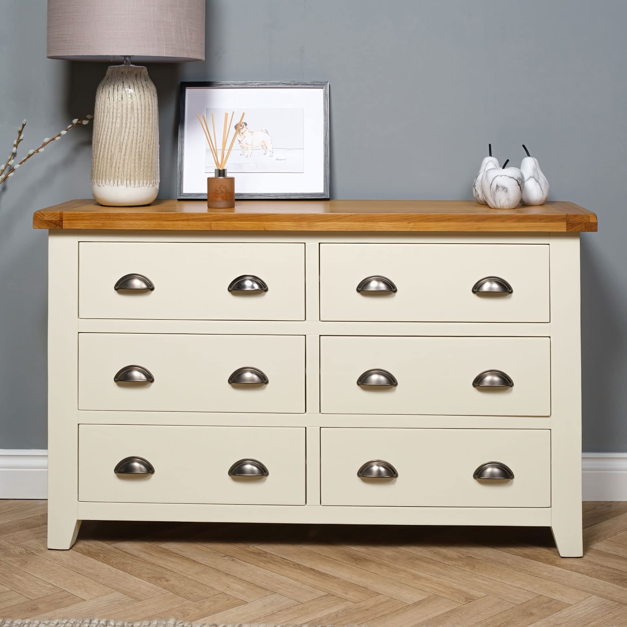 Painted Oak Cream Off White 6 Drawer Chest Of Drawers Wide Large Fully Assembled