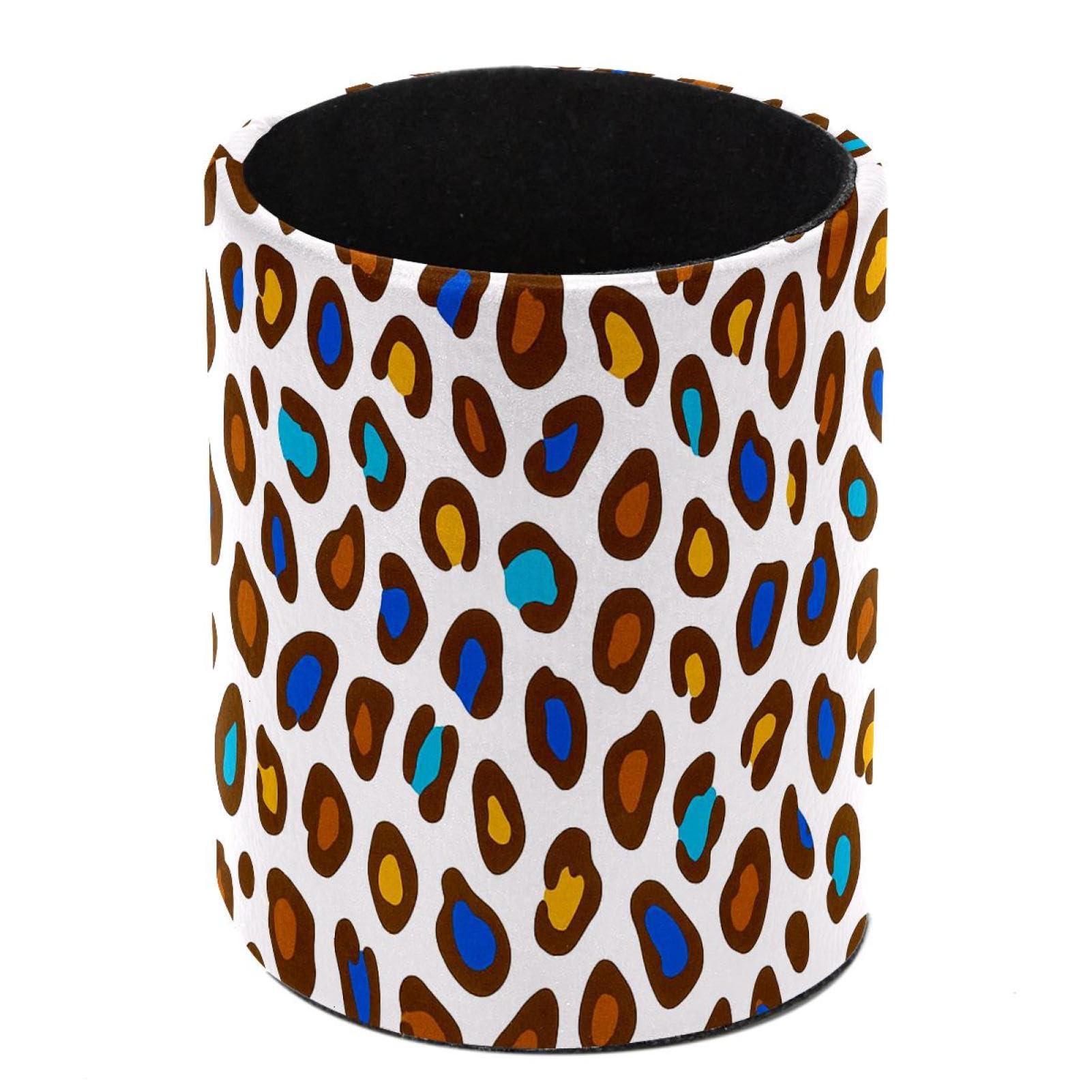 HEOEH Leopard Pattern Pen Holder for Desk, PU Leather Pencil Holder Pen Cup Marker Holder Makeup Brush Holders, Desk Accessories & Workspace Organizers for Home, Office