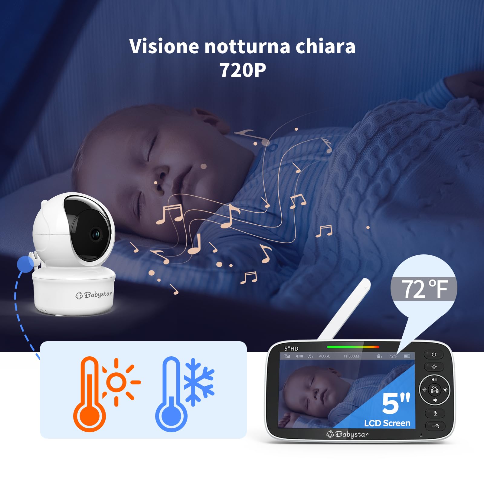 Babystar Babyphone con fotocamera da 5 pollici, 720P, video HD, senza Wi-Fi, con fotocamera e audio, batteria da 4000 mAh, funzione vox, sensore di temperatura, visione notturna, audio a 2 vie