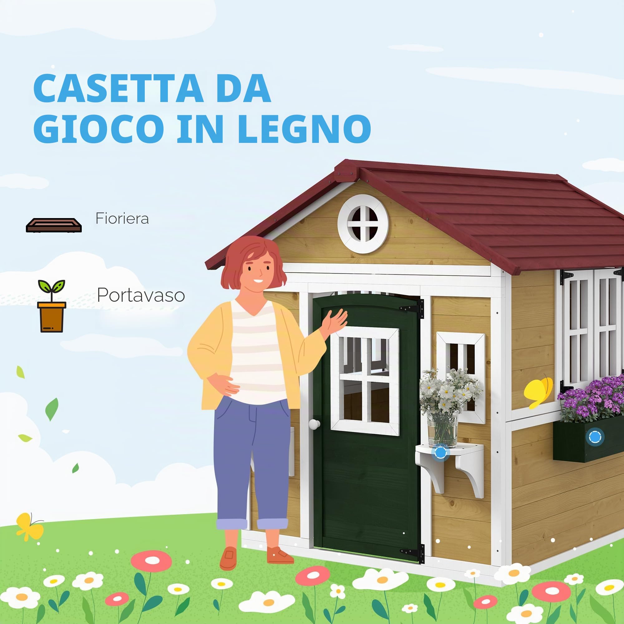 Outsunny Casetta per bambini da esterno, casetta per bambini da esterno, con porta, finestre e fioriere, casetta da giardino per bambini da 3 a 8 anni, 114 x 126,4 x 135 cm, beige