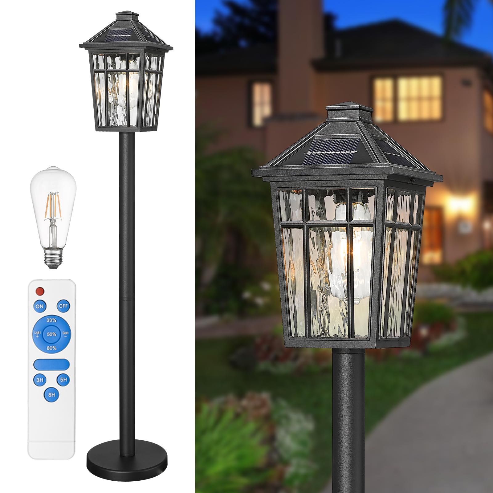 Darkaway Solar Post Light ，Outside Floor Lamp with Remote Control, Waterproof Outdoor Solar Lighting with Water Ripple Glass Shade for Lawn Pool Garden-image-26