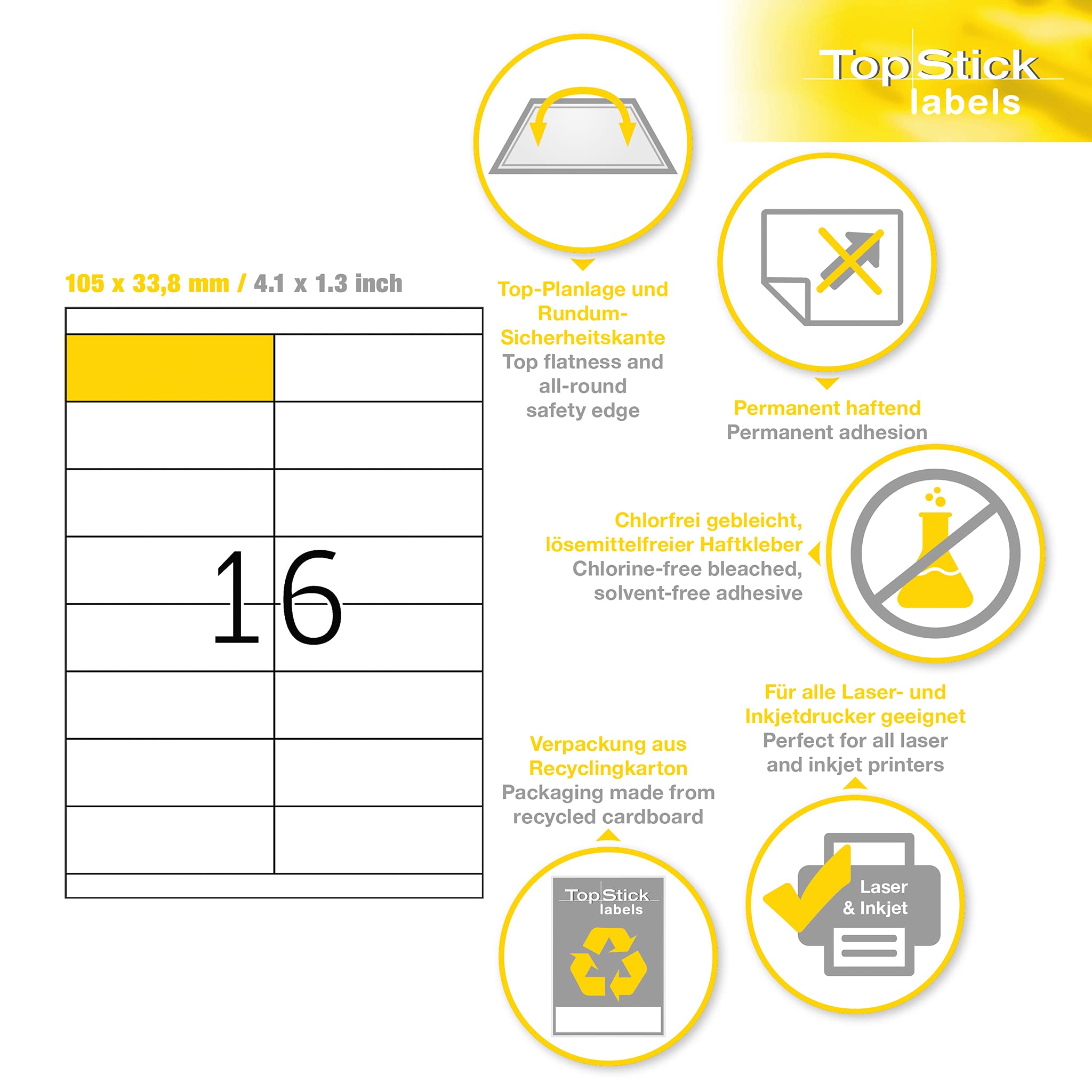 TopStick 8732 uniwersalne etykiety DIN A4, zestaw 10 sztuk (105 x 33,8 mm, 1000 arkuszy, papier, matowe) samoprzylepne, do zadrukowania, trwałe naklejki adresowe, 16 000 etykiet samoprzylepnych, białe