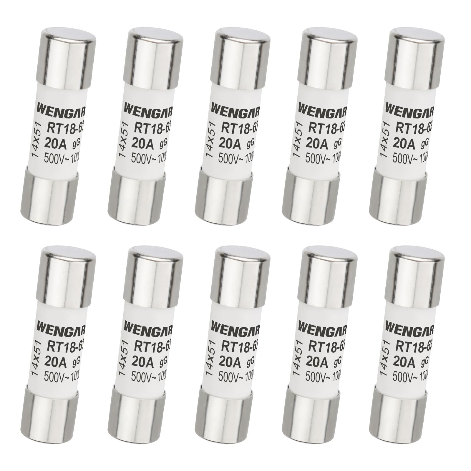 Wengart 10 Pezzi Fusibili Cilindrici AC 500V 20A,Tipo RT18-63 (RO16),Dimensioni 14x51mm,Potere di Interruzione 100kA,Protezione Professionale per Impianti Industriali e Grandi Utenze