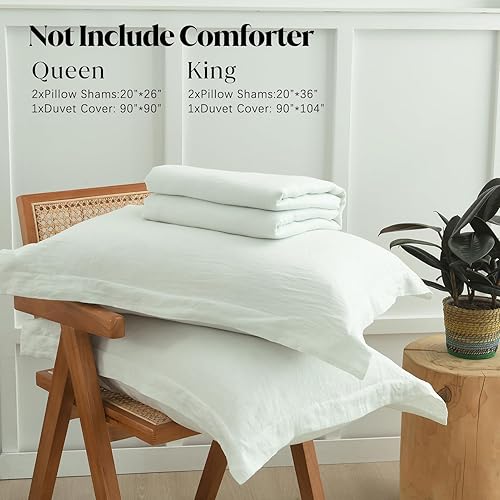 Miniatura 4 de CozyDH Juego de funda de edredón de lino belga, tamaño Queen, 100% lino belga, transpirable y duradero, color blanco, con cierre de cremallera de 8