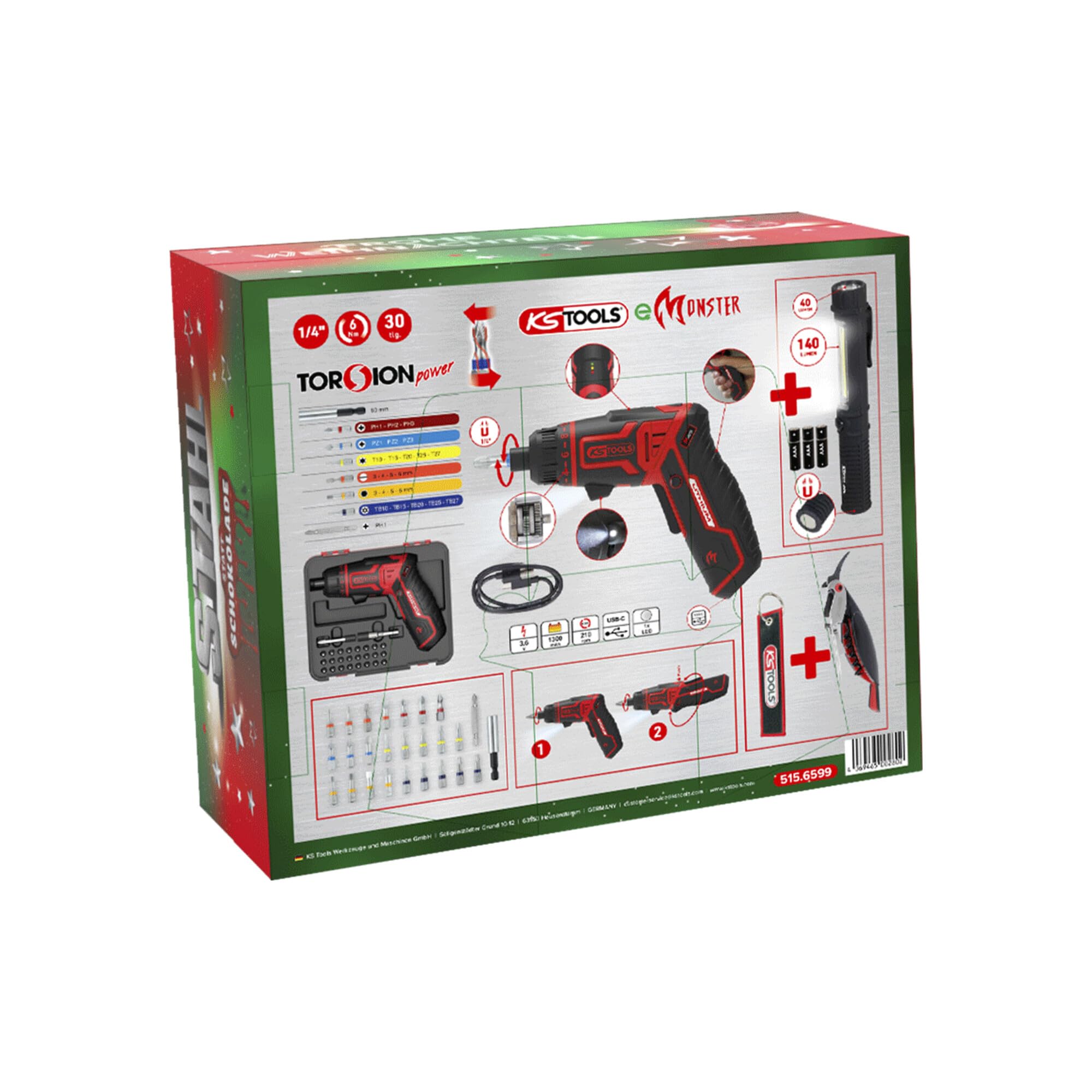 KS Tools Calendario dell'Avvento 2025 - Set di cacciaviti a batteria, 30 pezzi, torcia e cavatappi, portachiavi