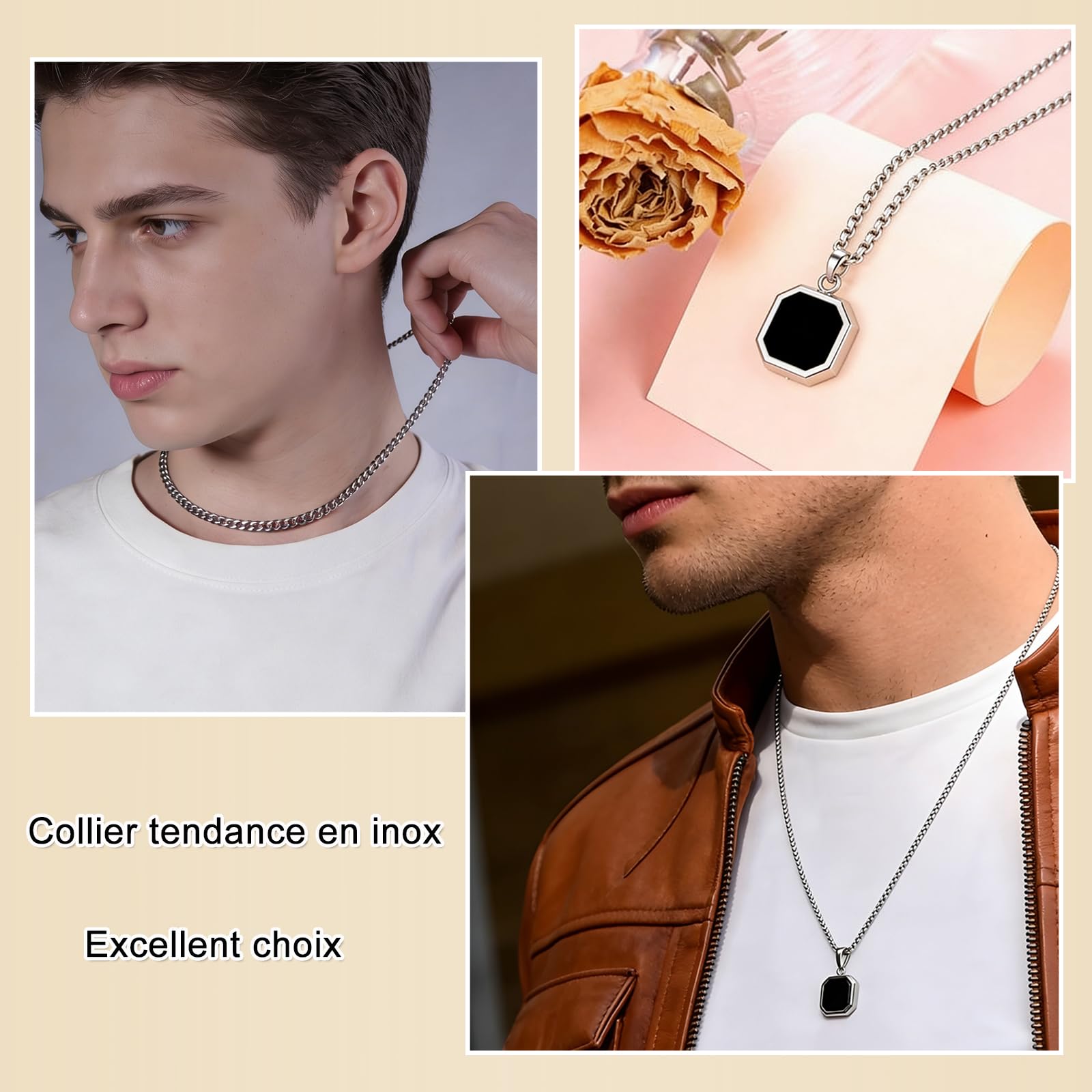 Colliers pour Homme Chaîne Gourmette : Hommes Collier Chaîne Pendentif Noir Argent Carré en Acier Inoxydable, Style Punk et Minimaliste, Bijoux Cadeau pour Garçons Femmes d'un Anniversaire de Noël