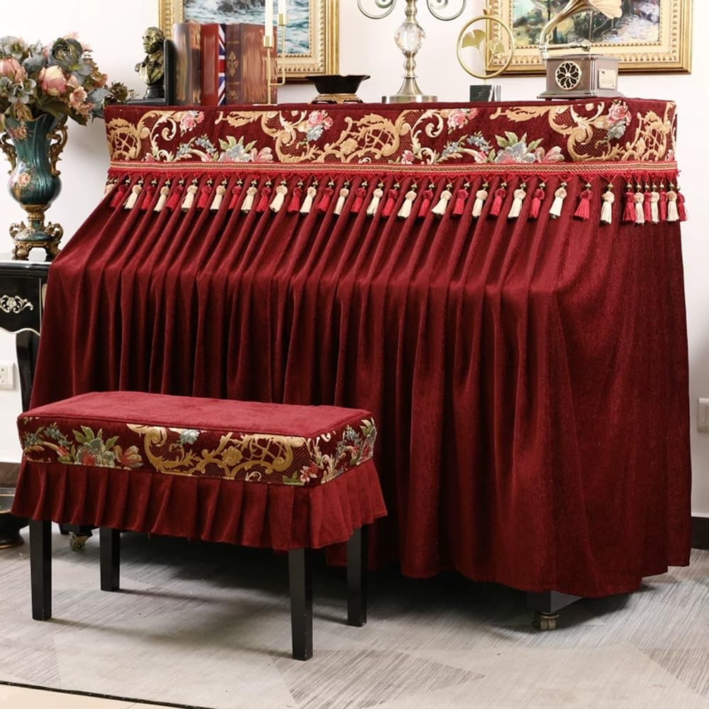 Copertura for pianoforte verticale, tessuto spesso rosso, protezione completa, design con apertura centrale for la maggior parte dei pianoforti verticali(Piano Cover+Single Bench Cover)