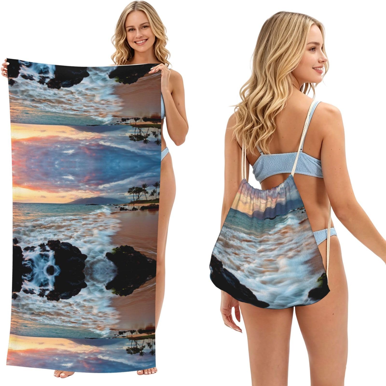 Ezdlowvba Black Beach Maui Hawaii Sunset Clouds Print Beach Towel Backpack 2 In 1 Summer Large Lightweight Beach Towel - Multifunctional Ship Pattern Towel Bag For Storage,Sport