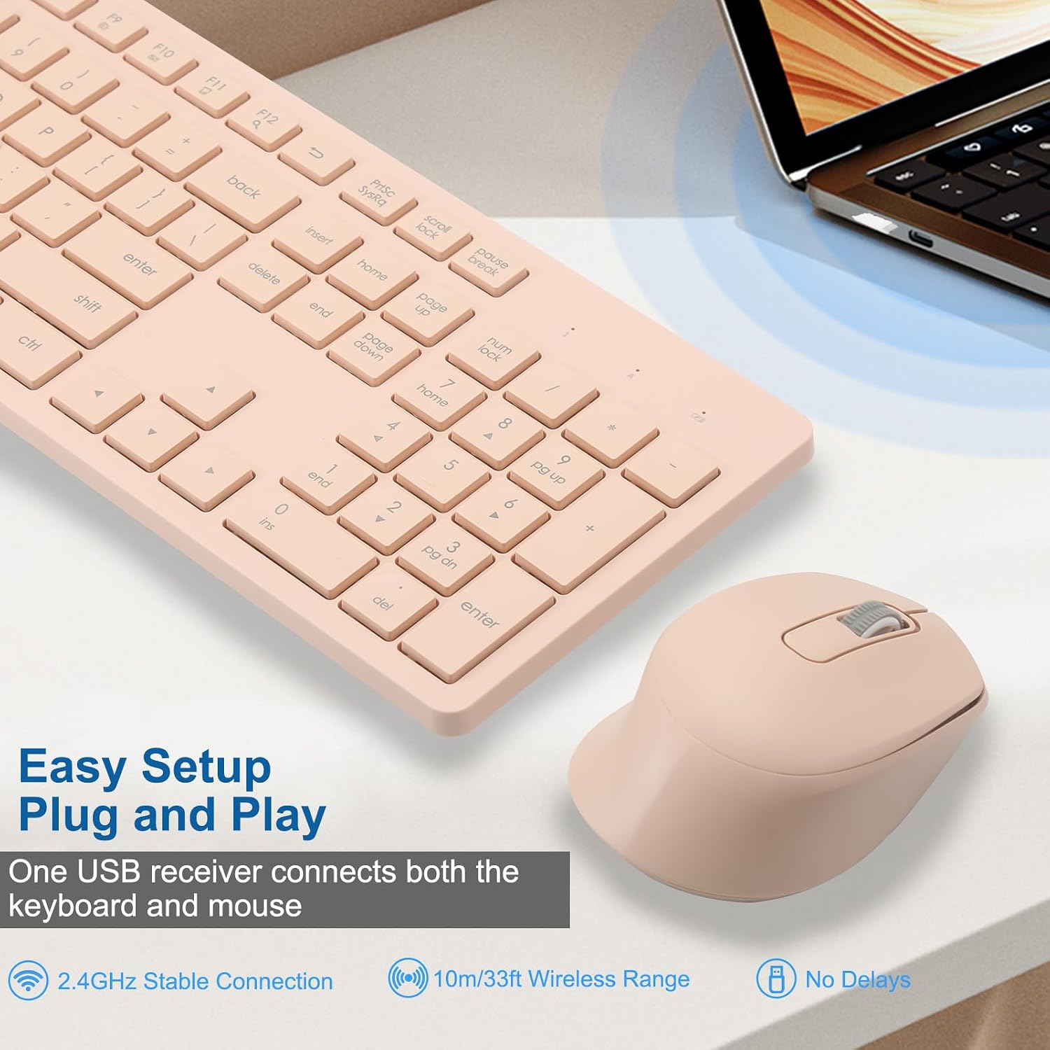 Wireless Keyboard and Mouse Combo, Quiet and Soft 2.4G Full-Size Computer Keyboard and Ergonomic Wireless Mouse for Windows, Mac Desktop/Laptop/PC/PS, Peach