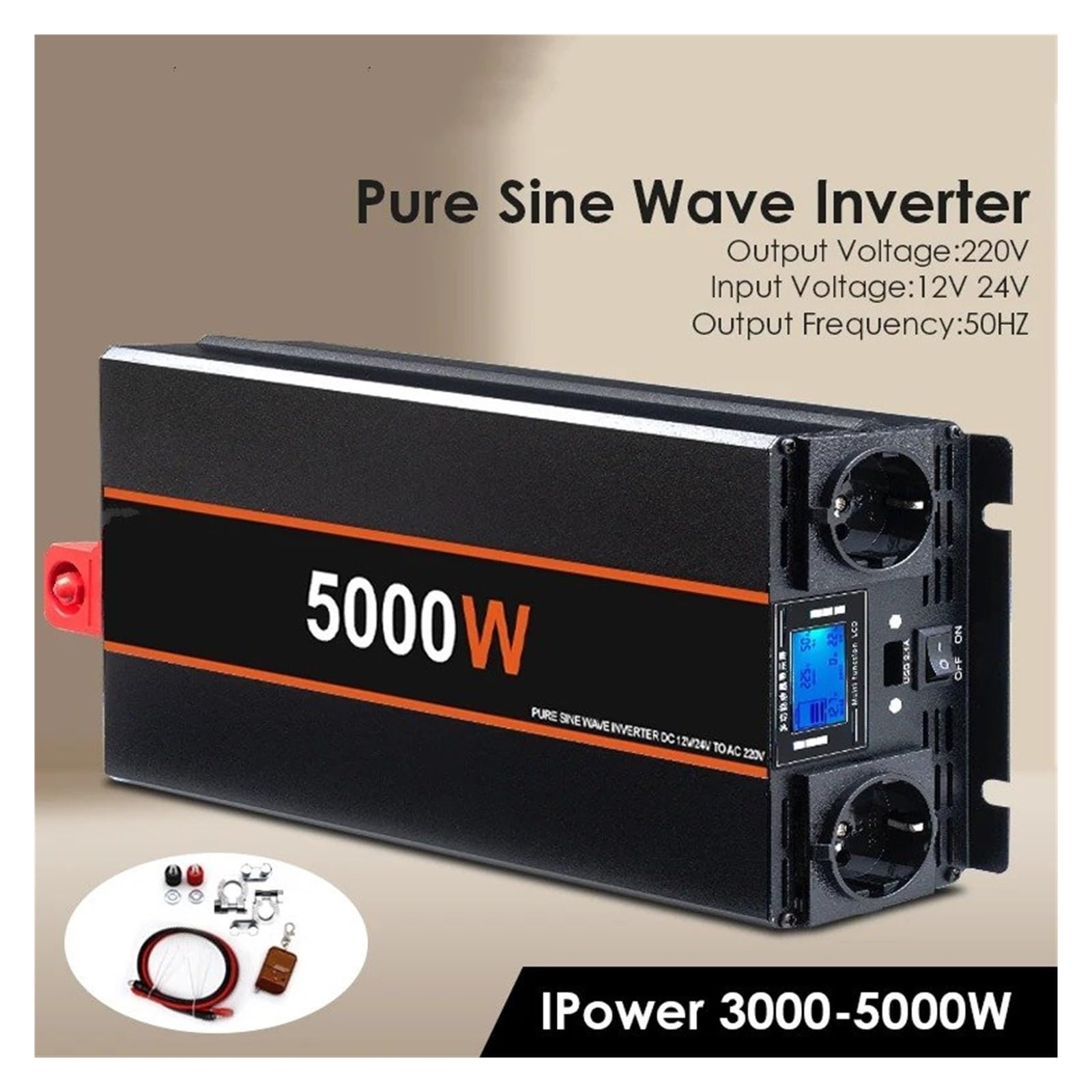 Power Inverter Convertitore Micro Inverter Per Auto, Camper, Casa, 5000 W/4000 W/3000 W, Convertitore Di Tensione A Onda Sinusoidale Pura Da 12/24 V CC A 220 V.(12V,3000W)