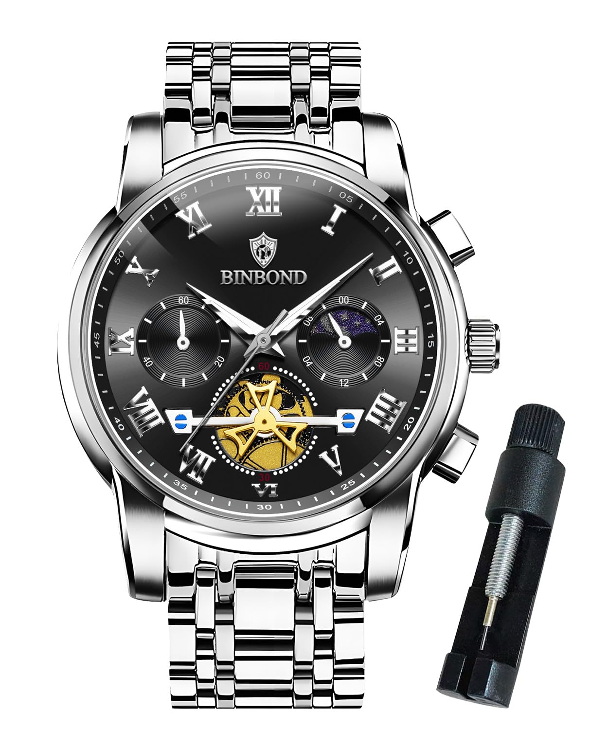 Mens Watches Chronograph Luxury Business Dress Stainless Steel Flywheel Multifunction Moo…