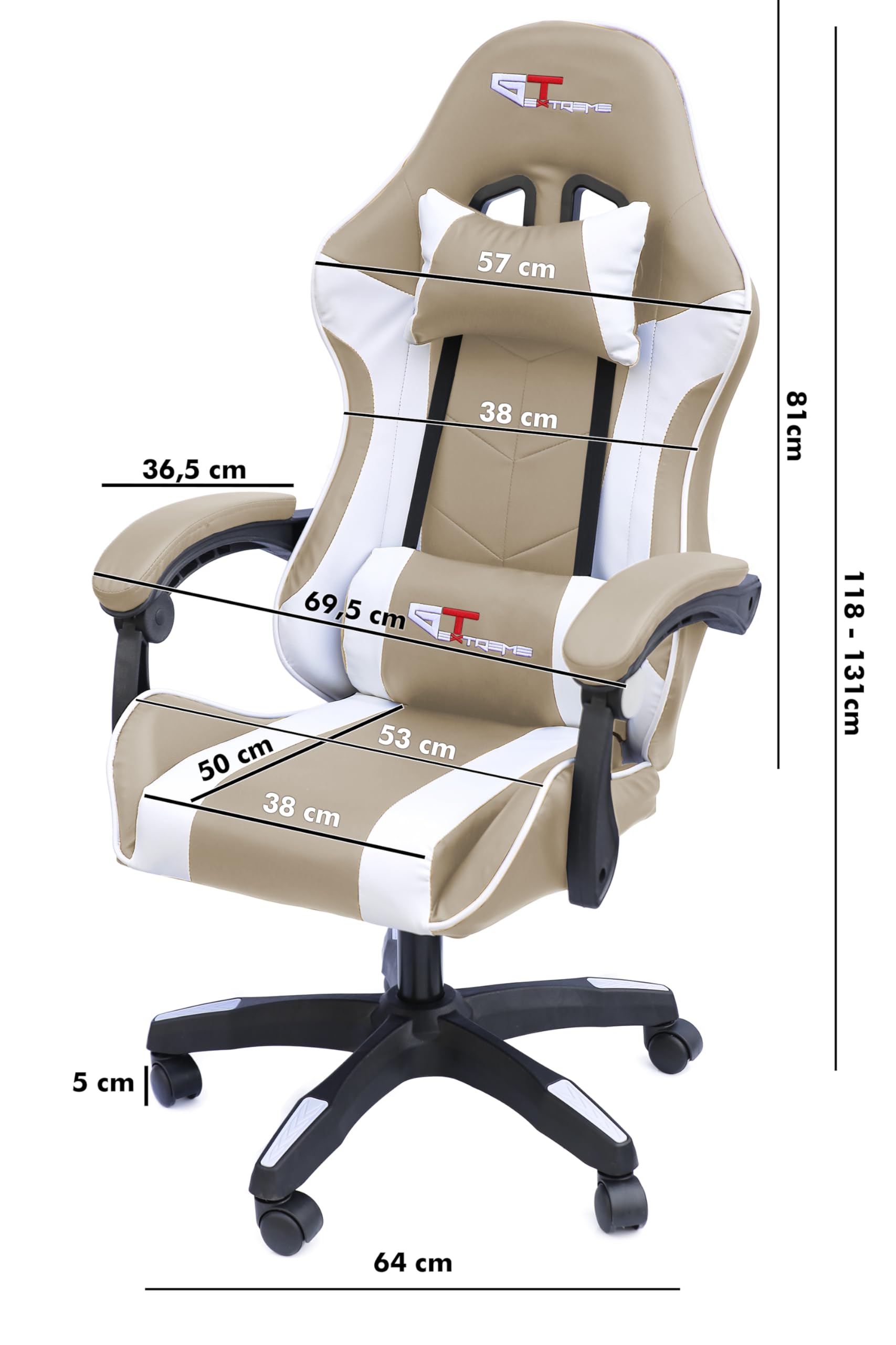 Silla de oficina para juegos GT Extreme de cuero ecológico (Beige y blanco)