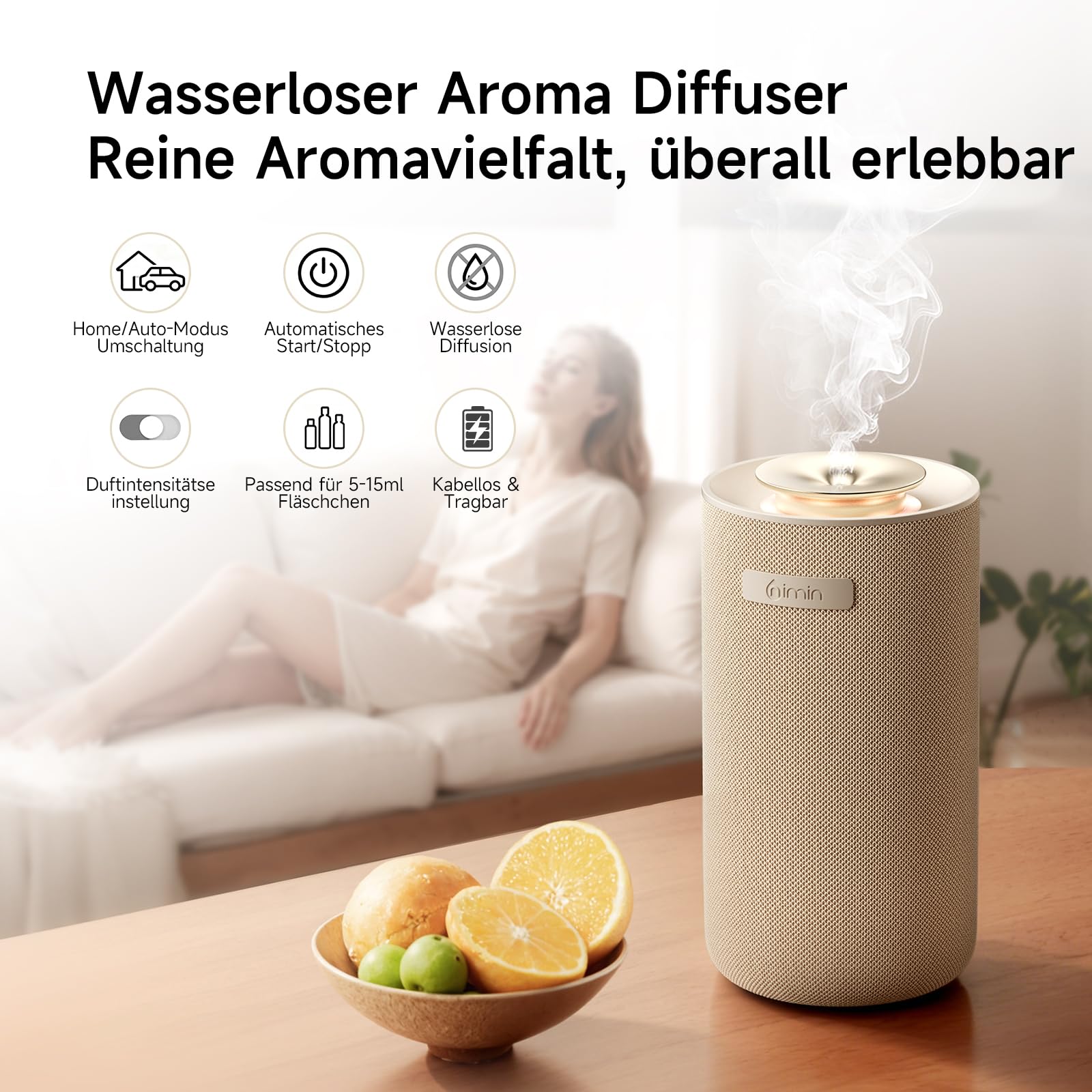 Aroma Diffuser Kabellos mit Akku, Wasserloser Auto Diffuser für Ätherische Öle, 2 Modi mit Start-Stopp-Automatik für Auto & Zuhause, Passend für 5/10/15ml, Creme-Weiß