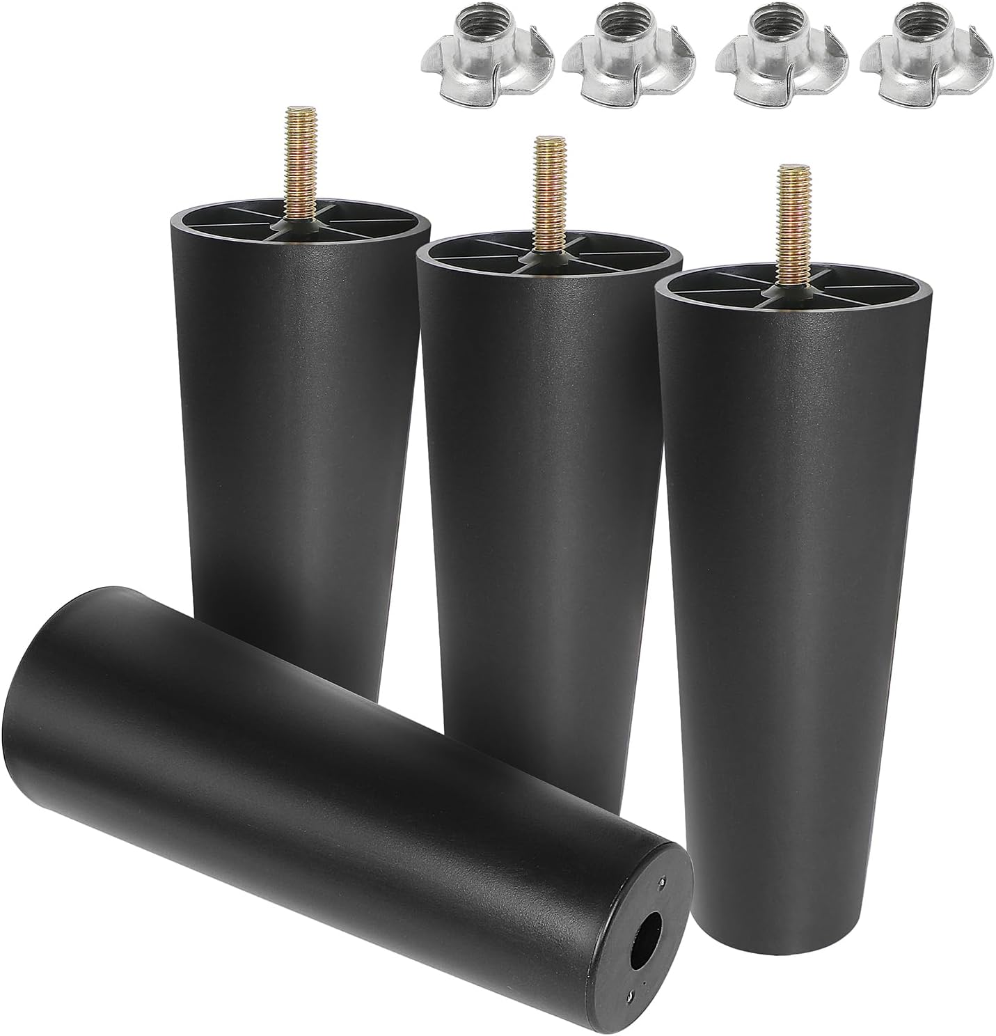 4pcs Plastic Furniture Legs 7" with T-Nuts, M8-1.25 Thread Bolt | Black Furniture Feet - Couch Feet Replacement - Sectional Sofa Legs - Please Check SIZE Before Purchasing