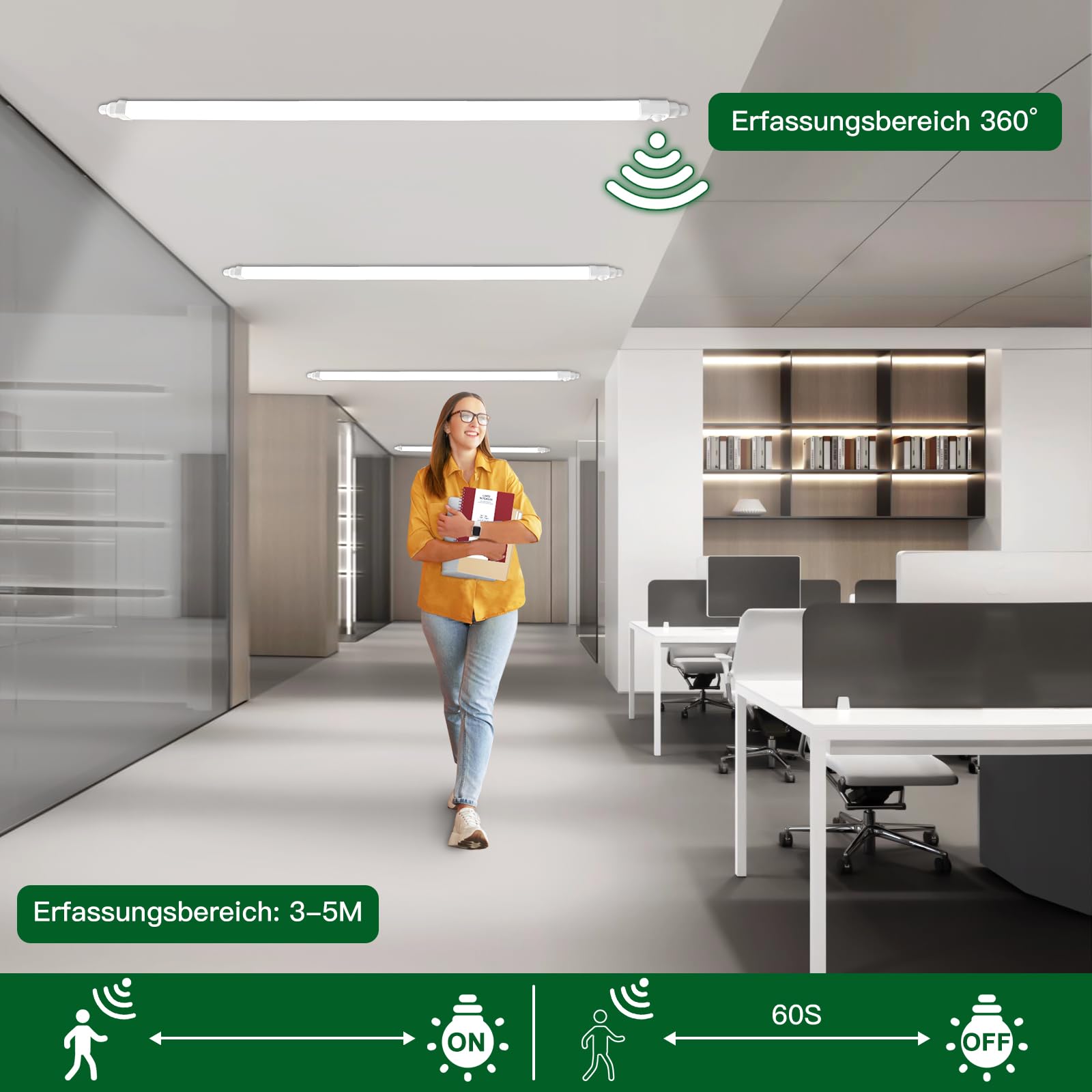 3 Stück Feuchtraumleuchte LED mit Bewegungsmelder, 120cm 36W 3600LM 4000K Neutralweiß Garagenlampe, IP65 Kellerlampe, Verknüpfbar Feuchtraumlampe für Büro Flur Treppe Garage