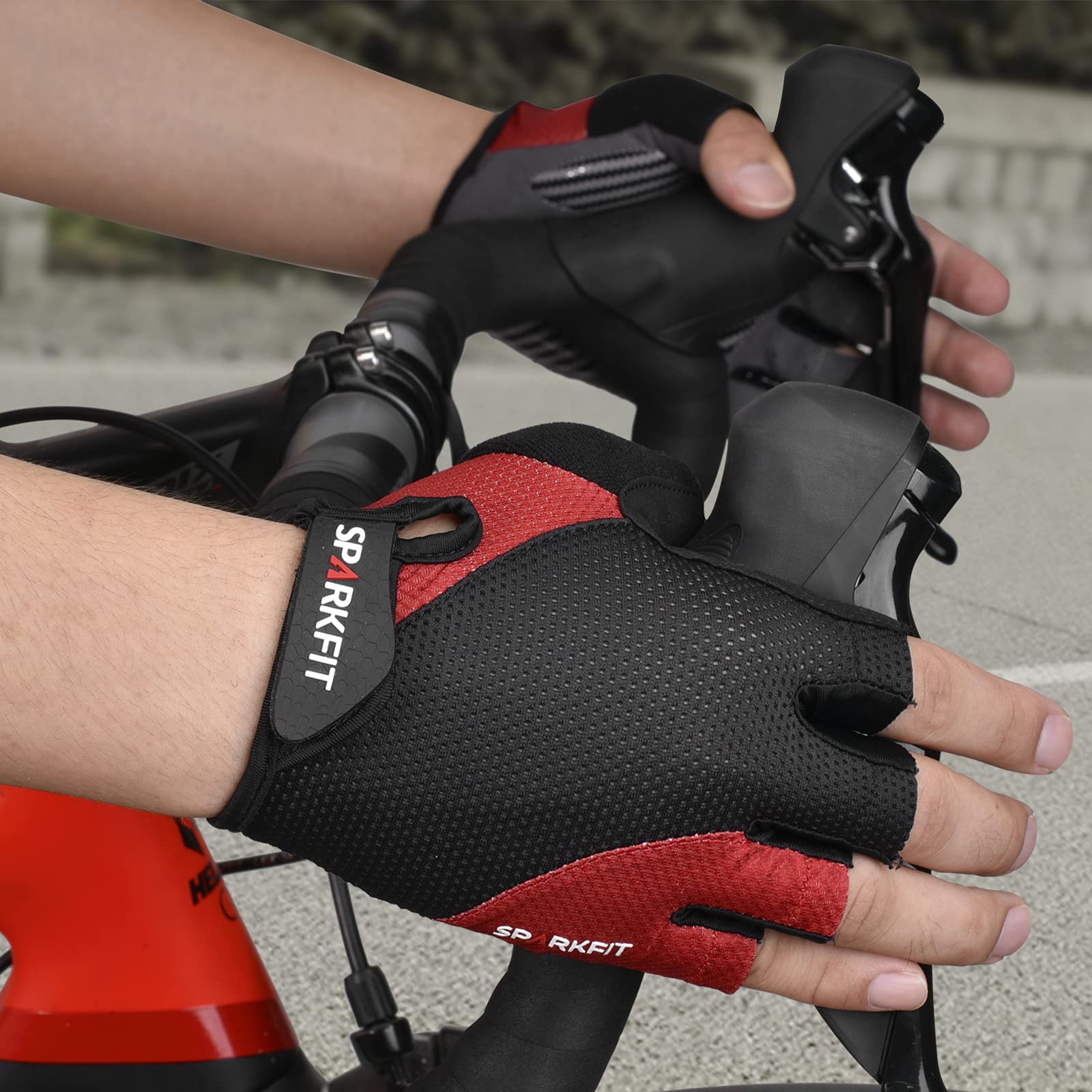 SPARKFIT Fahrrad-Handschuhe Herren, Fingerlose MTB-Handschuhe mit Handgelenkschutz zum Mountainbiken und Rennrad-Fahren, Fitnesshandschuhe für Kraft-Training, Workout und Radsport, Rot S Fashion
