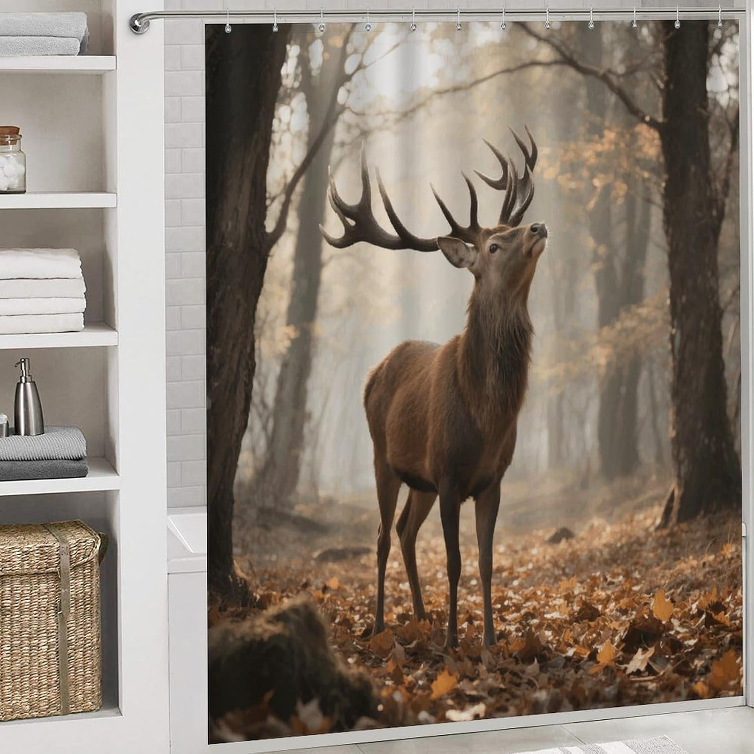 Rustic Deer Shower Curtain Set 4 Piece, Non-Slip Bath Mat with Toilet Lid Cover and Waterproof Shower Curtain with 12 Hooks, Complete Bathroom Set for Home Decor