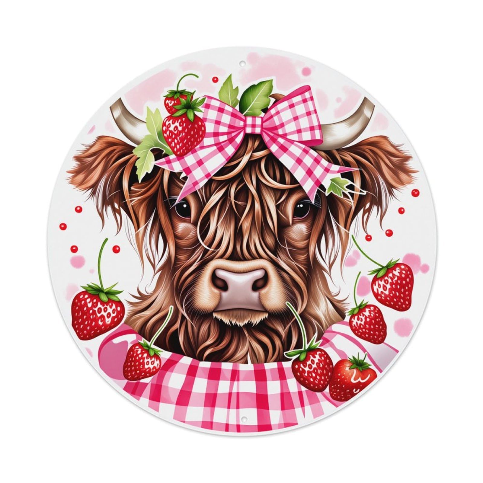 Cow Strawberry Bow Checkered Pattern Vintage Metal Tin Sign Retro Wall Decor for Home Bar Garage Cafe, Indoor & Outdoor Decorative，circle Metal Poster, 8x8 Inch