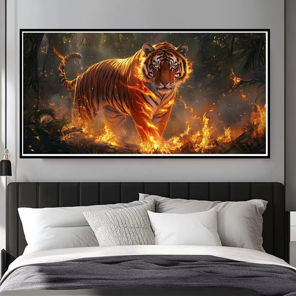 Diamond Painting Kits for Adults Large, 5D DIY Flaming Tiger Diamond Art Kits Adults Square Drill Large Dimond Art Forest Crystal Cross Stitch for Wall Decoration 160x80cm/63x31.5 Inch (WL496)