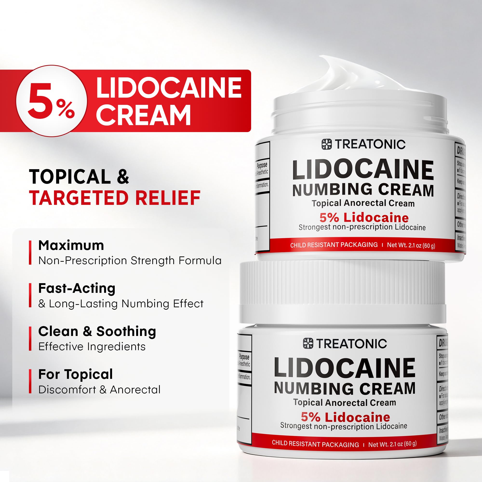 Treatonic 5% Lidocaine Numbing Cream: Lidocaine Cream Maximum Strength for Pain Relief, Itching, Burning, Soreness, Hemorrhoid Treatment - Fast Acting & Long Lasting Numbing - 2.1 oz — Amazon image 2