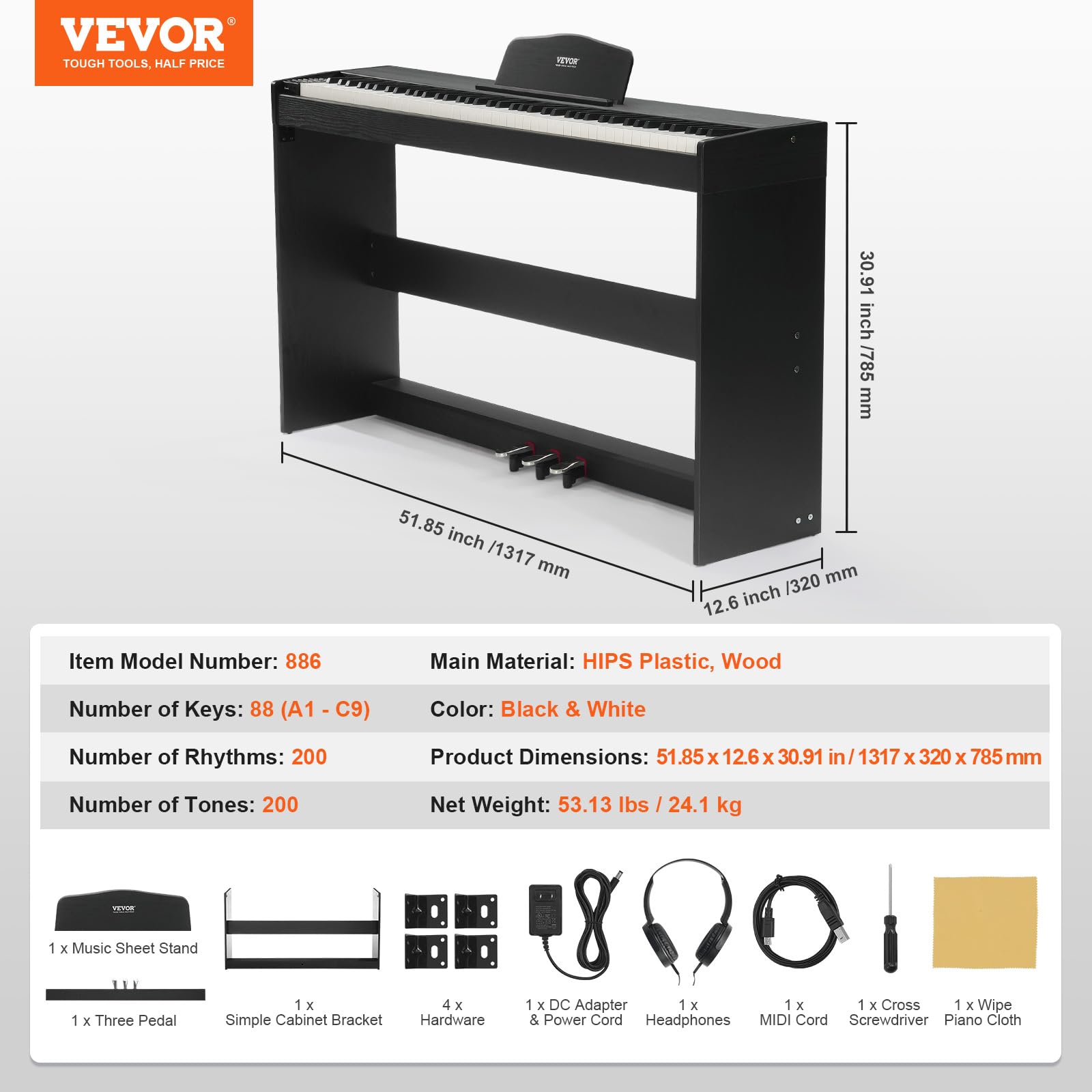 VEVOR Pianoforte Digitale 88 Tasti Pesati, Tastiera Elettrica con Altoparlanti, Supporto, Cuffie, Bluetooth USB MIDI, 200 Suoni e Ritmi