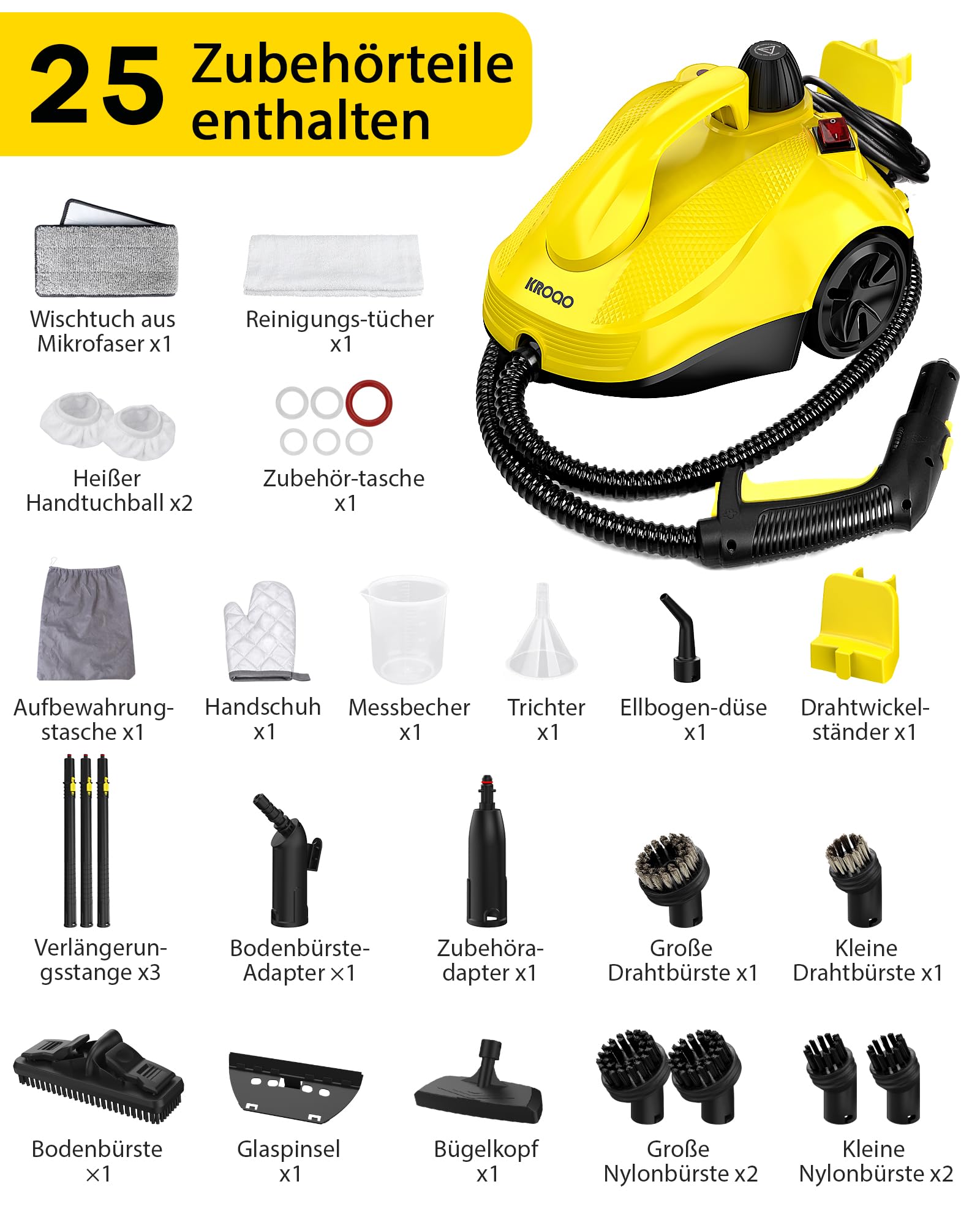 Dampfreiniger mit 23 Zubehörteilen und 5 Meter Netzkabel für die Reinigung von Öfen, Teppichen, Sofas, Polstern, Spielzeug und glatten Böden.