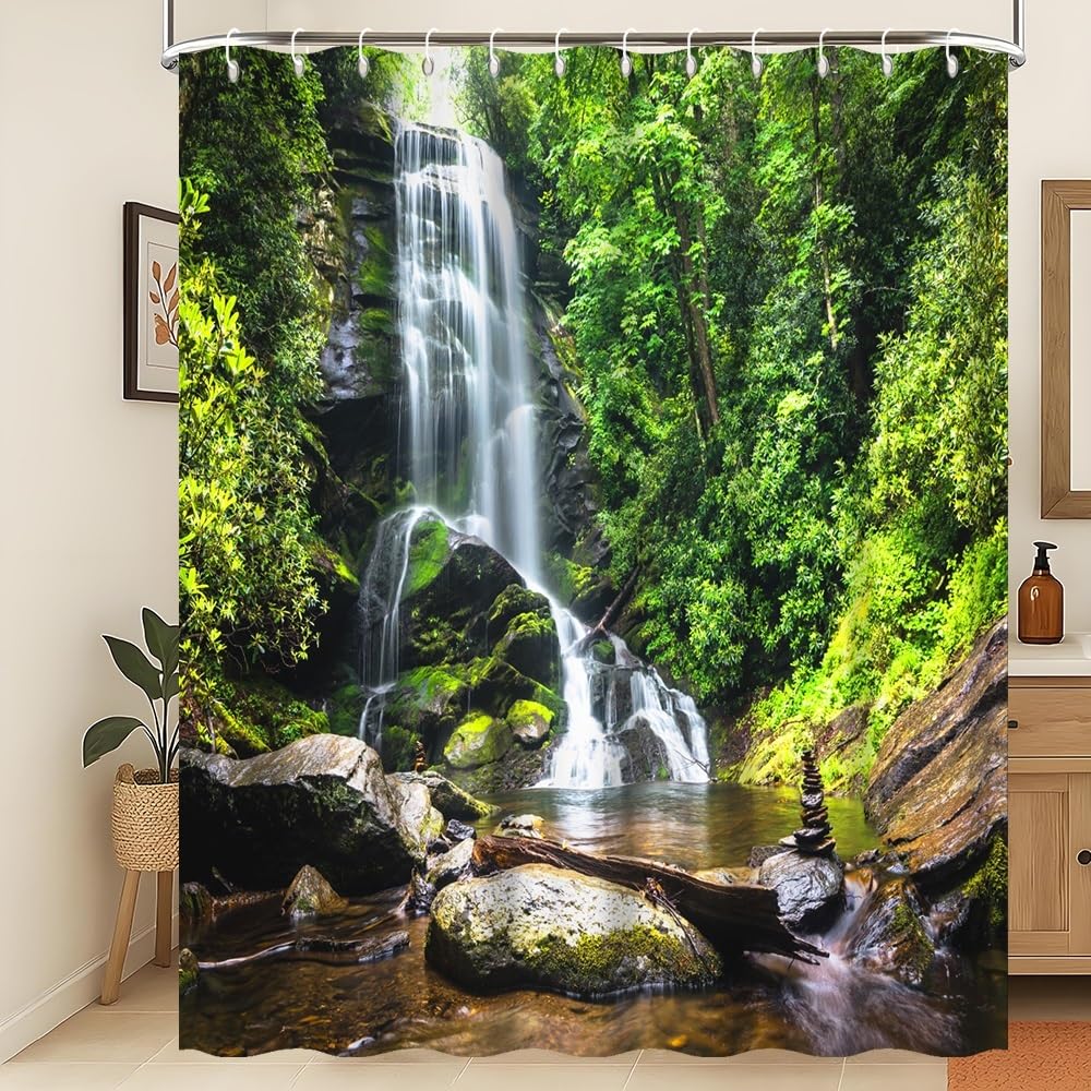 Tenda da doccia natura Primavera Cascata Tenda da bagno Giungla tropicale verde foresta paesaggio muschio pietra fiume lavabile tenda da doccia Decorazione bagno impermeabile 180x240cm