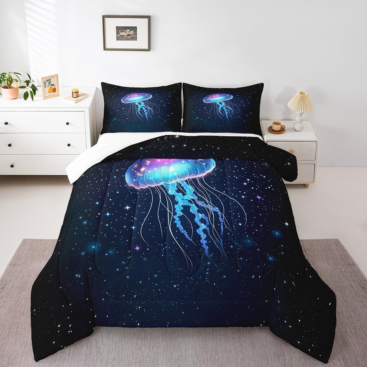 Homewish Glowing Jellyfish Kids Comforter Set Queen Size,Marine Animals Ocean Bedding Set,Boys Girls Adults Room Decor,Starry Sky Galaxy Romantic Down Comforter,Blue Unique Duvet Insert,2 Pillowcases