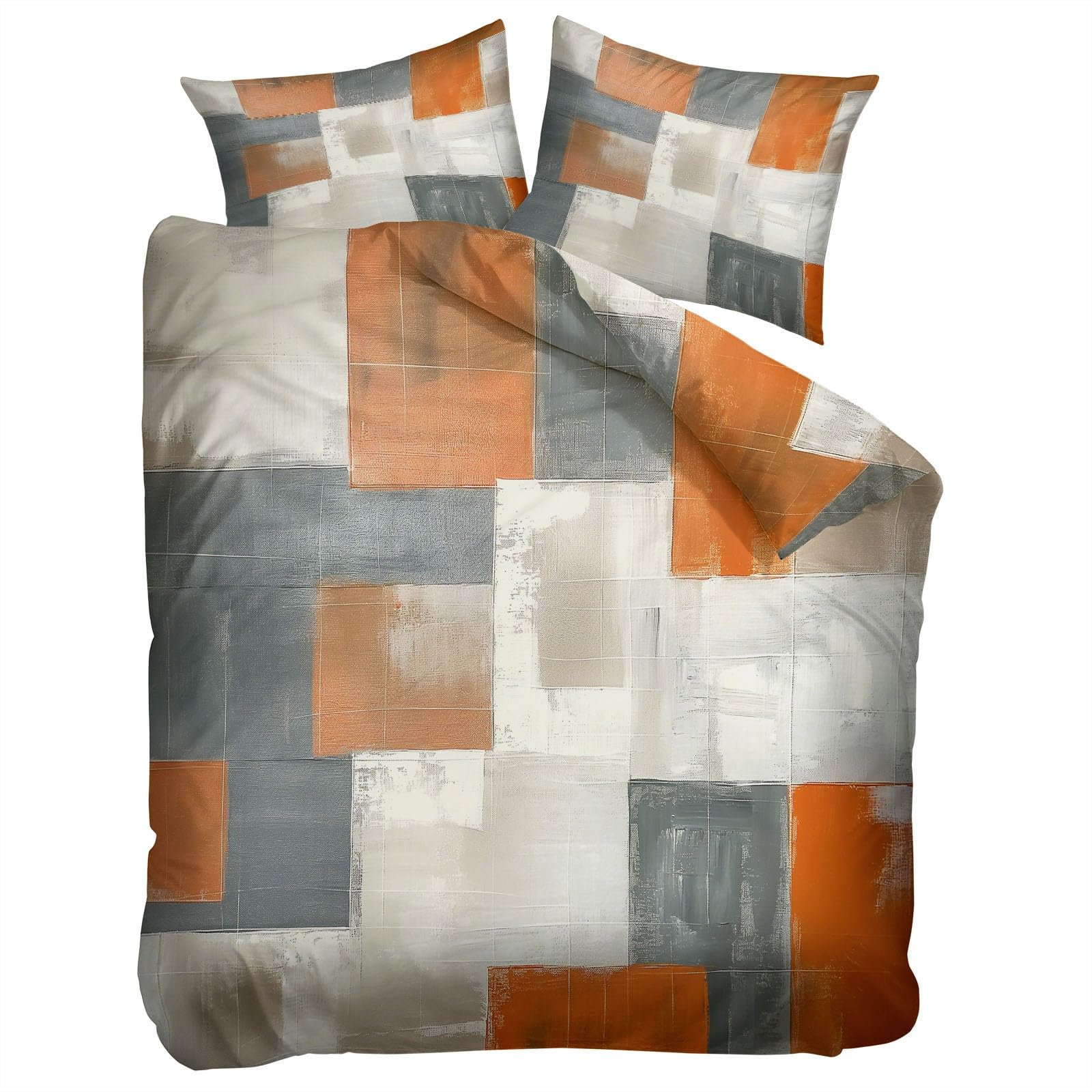 Parures de lit 280 x 240 cm Blocs de Couleurs Gris Orange et Beige Ensemble De Literie avec Fermeture Éclair Art Moderne Réversible Housse de Couette Parure de lit Doux Imprimé avec 2 Taie d'oreiller