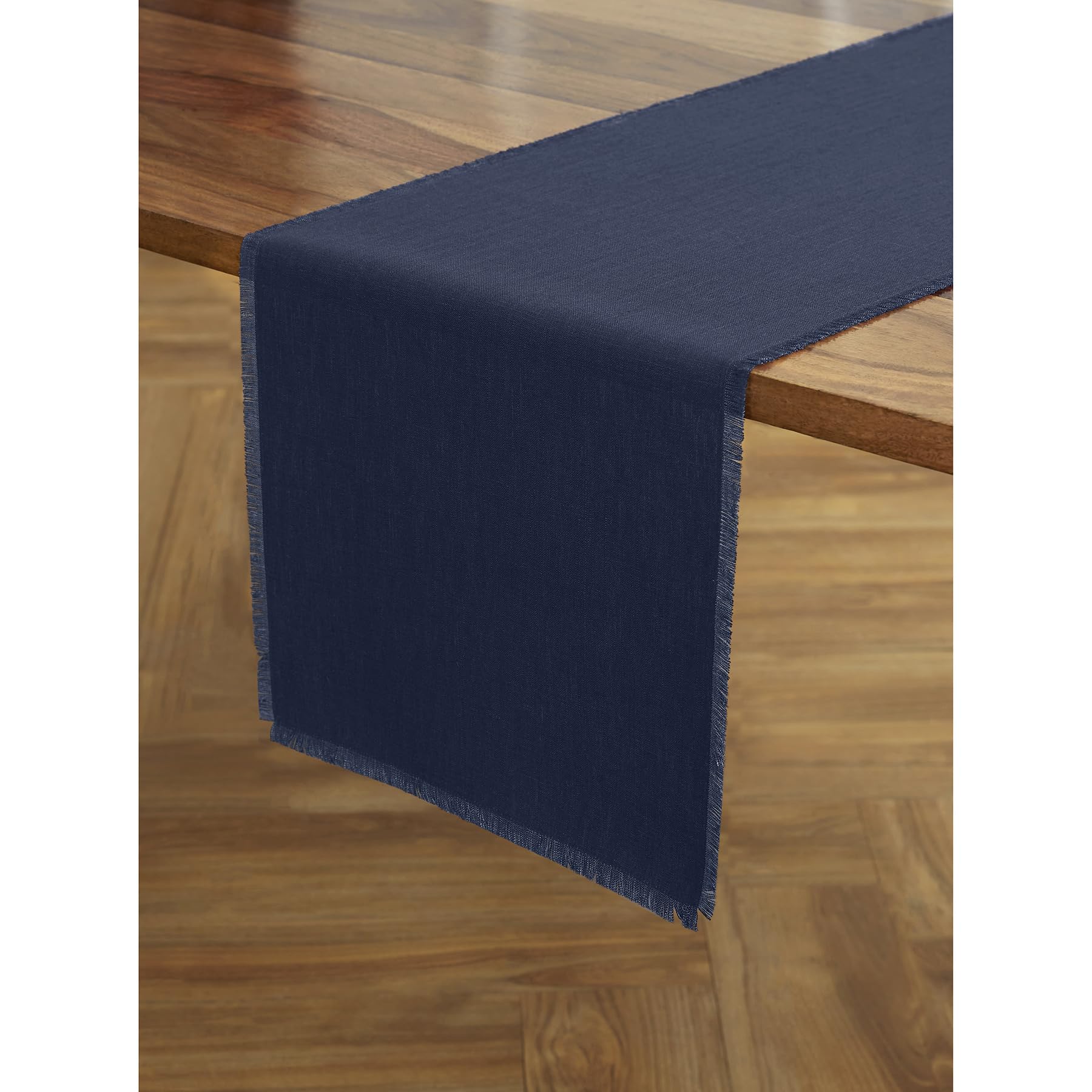 Solino Home Linen Navy Blue Table Runner 36 Inches - Fringe, 100% Pure Linen Small Table Runner 14 x 36 Inch Ideal for Dresser and Coffee Tables - Winter
