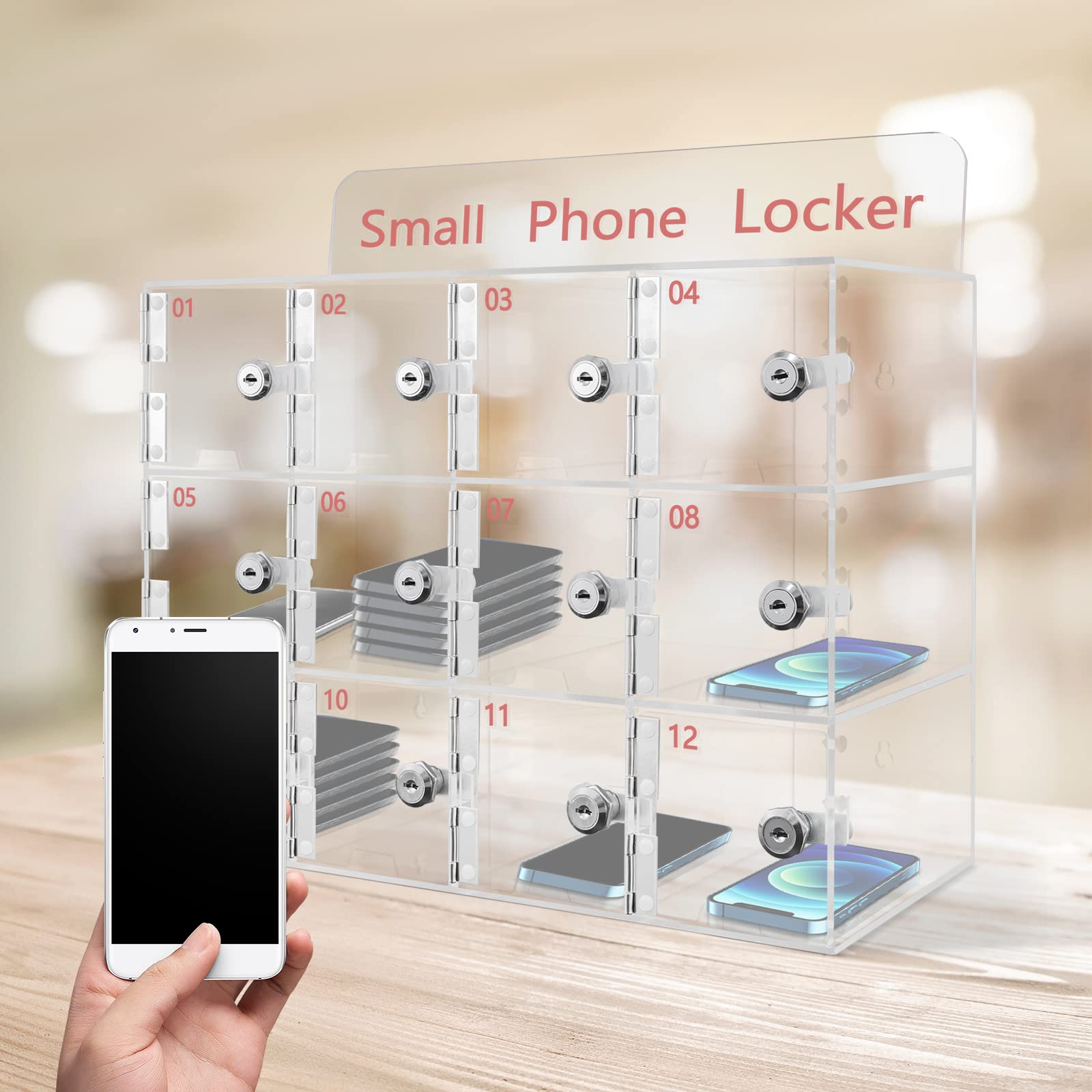 ZeStarDair 12 Slots Cell Phone Locker Box Clear Acrylic Cell Phone Storage Locker with Door Locks and Keys Wall-Mounted Cell Phones Pocket Locker for Office School Classroom
