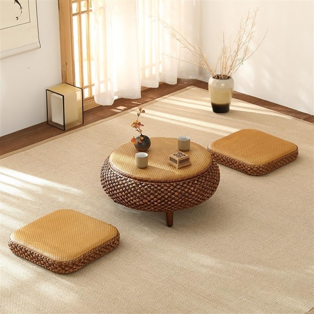 Pouf rotondo con coperchio e cuscini, versatile contenitore e seduta per soggiorno moderno