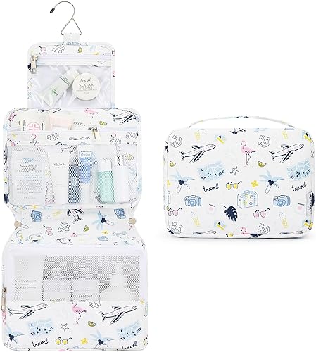 Miniatura 100 de Mossio Neceser colgante con gancho resistente, organizador de viaje grande portátil para maquillaje cosmético para hombres y mujeres Beige,Pájaro