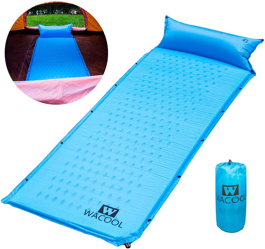 WACOOL Ultralight Inflatable Sleeping Pad Mat Air Mattress - Ultra-Compact for Backpacking, Camping, Travel, Air-Support Cells Design (Blue Sleeping pad)