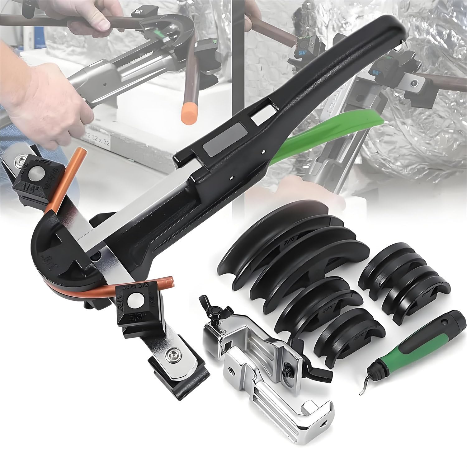 JXYQ Hydraulic Tubing Bender Kit - 90° Bend Tool for HVAC Copper Pipe with 7 Molds for Brass, Aluminum, and Thin Steel Tubes