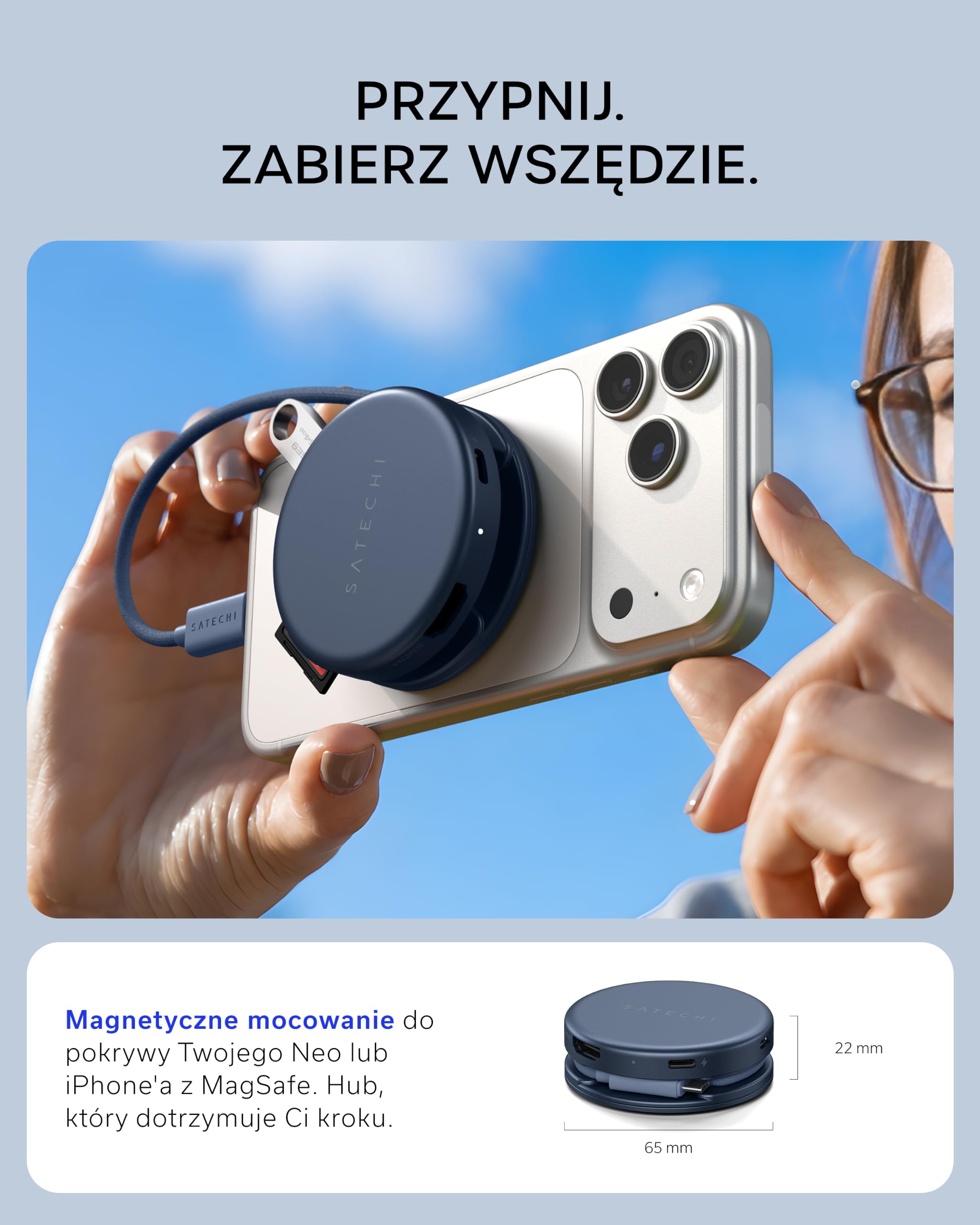 SATECHI hub USB-C OntheGo™ 5 w 1, HDMI 4K@60 Hz, indygo | PD 60 W, czytnik kart SD oraz porty USB-A i USB-C 5 Gb/s, dopasowany do MacBooka Neo