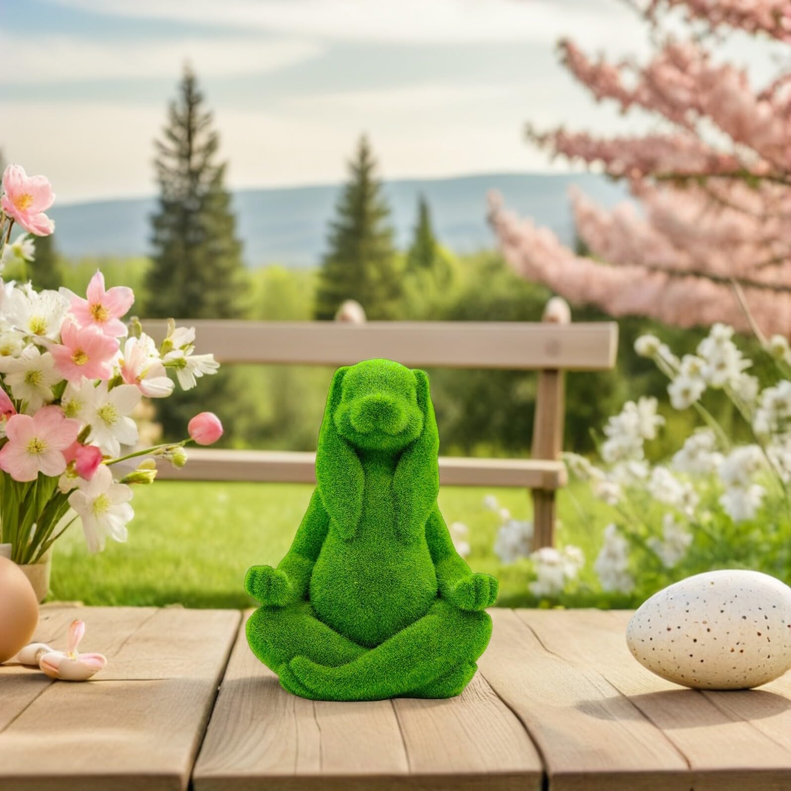 YARNOW Figurine de Lapin Méditant Floquée Verte en Résine, Décoration de Table Zen pour Intérieur et Jardin, Statue Lapin Assis, Ornement de Pâques, Accessoire Décoratif Printemps