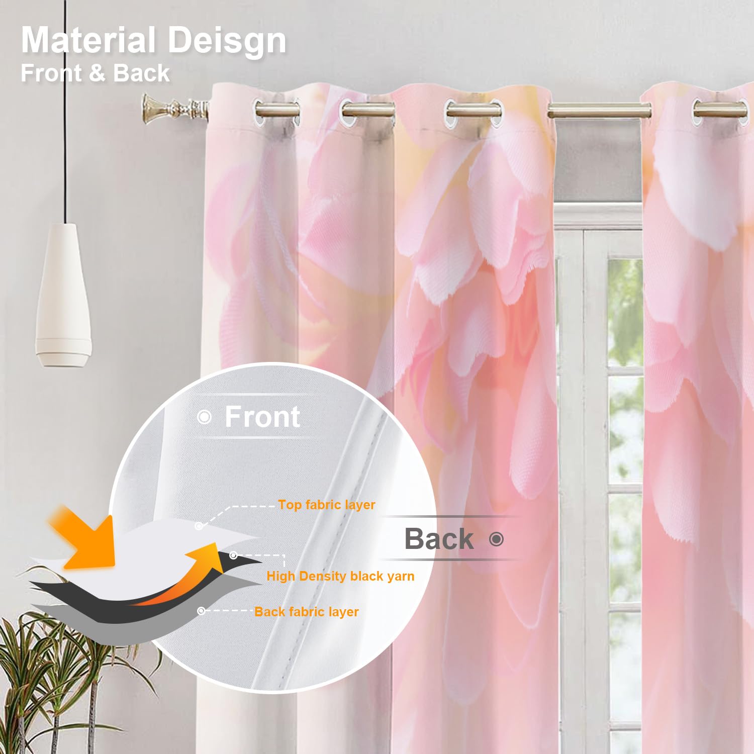 BaoNews Beautiful Flowers Color Pink Floral Plant Bedroom Curtains,Soft Pastel Blackout Polyester Grommet Window Treatment Drapes for Living Room, 2 Panels 52X84 Inches