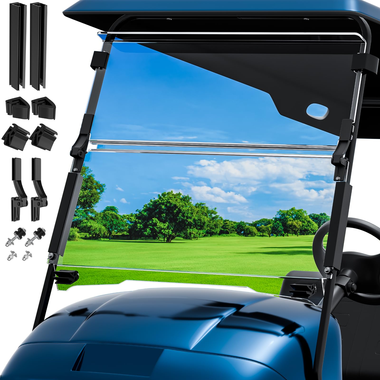 ENEKERP Front Golf Cart Windshield for 1995-2013 EZGO TXT&Medalist, Foldable Transparent EZGO TXT Windshield, Impact Resistant PC Shield, 5MM Thickness, Anti-UV, Heavy-duty Hinge