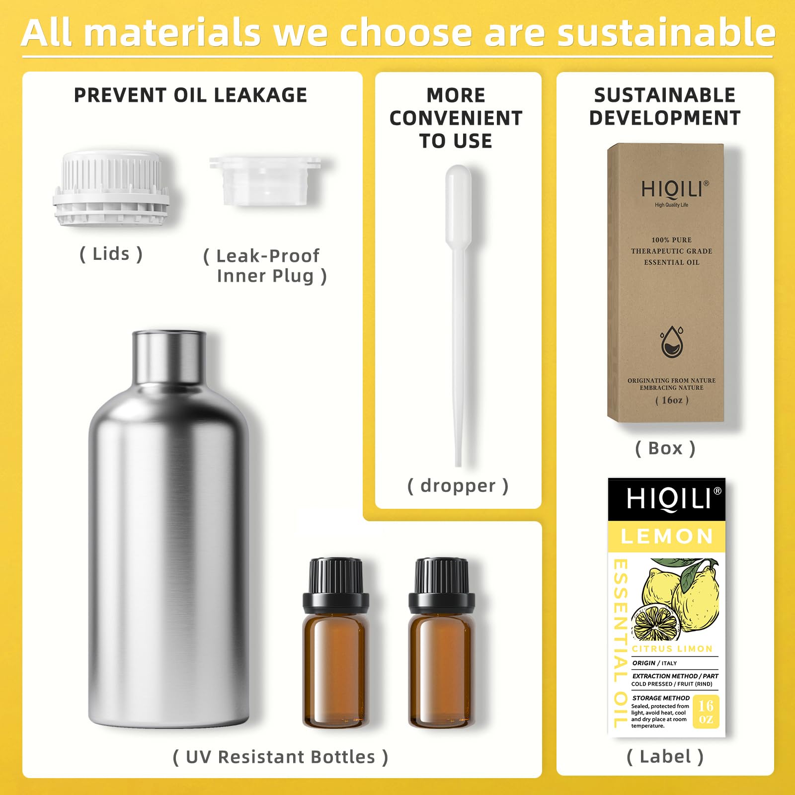 HIQILI Lemon Essential Oil for Cleaning, Degreasing & Household Use, Skin Care, Aromatherapy, Diffuser - 16 Fl Oz