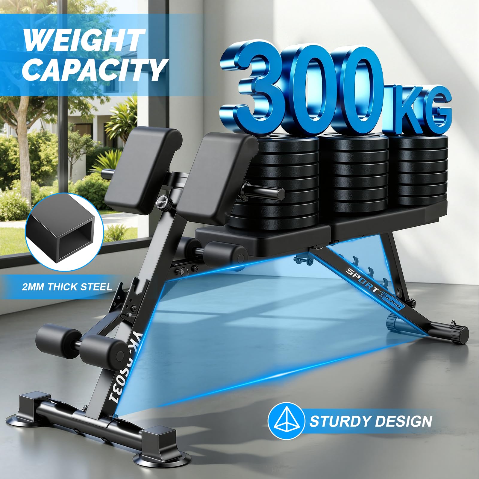 Banco de musculación - Permite entrenar en posición horizontal, inclinada, declinada, vertical, etc. - Banco musculación plegable - Para entrenar en casa y oficina - Capacidad de carga: 300 kg.