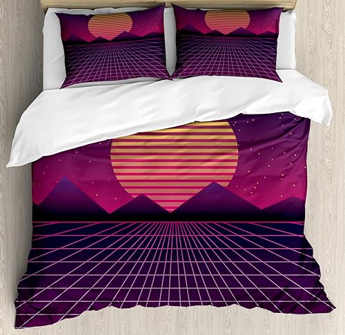 Miniatura 5 de Ambesonne Synthwave Duvet Cover Set, Retro Futurism Inspired Illustration Artwork with Sun and Palms, Decorative 3 Piece Bedding Set with 2 Pillow