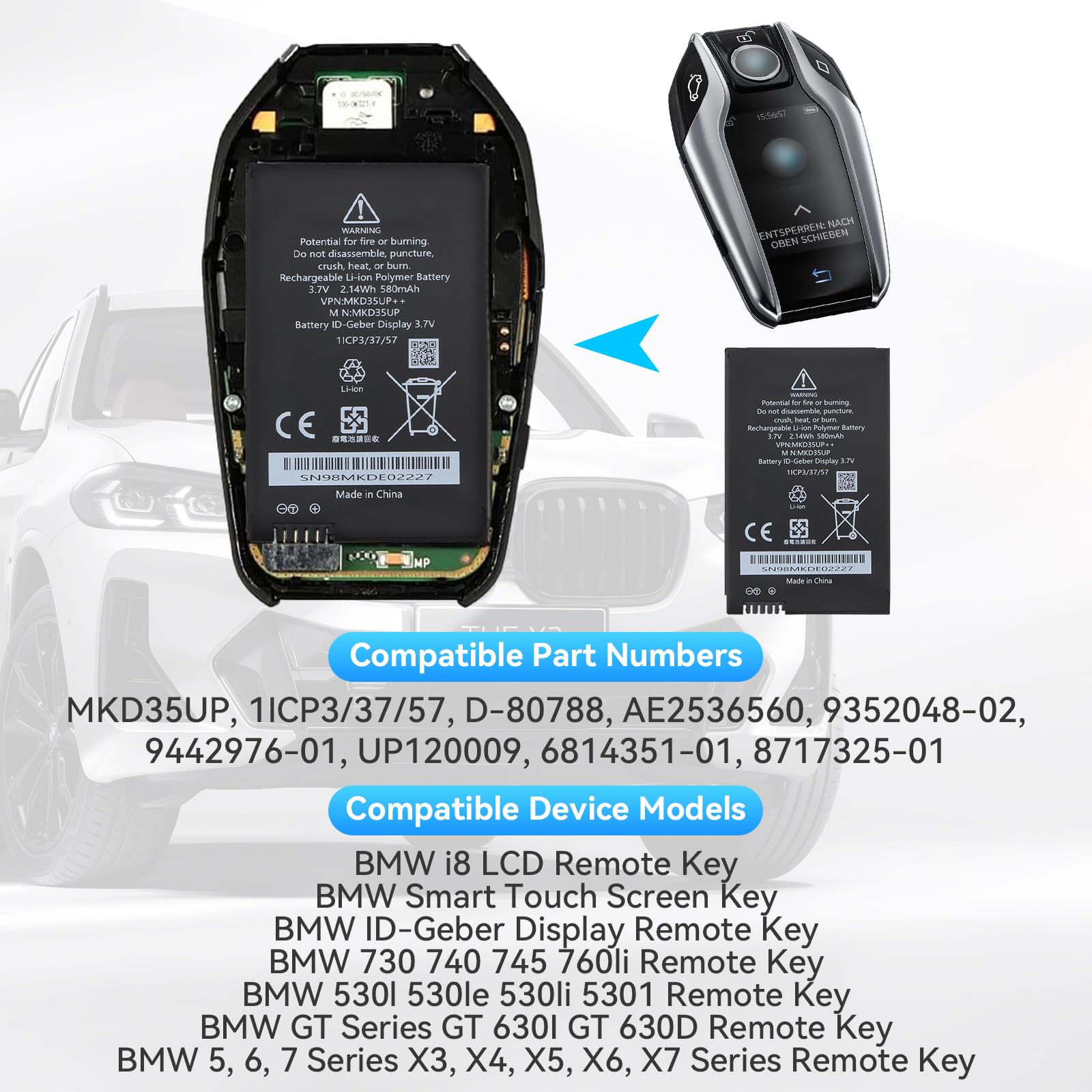 MKD35UP Ersatz Akku Für BMW 5, 6, 7, X3, X4, X5, X6 Series Remote Key 530le 530li 5301 730 740 745 760li i8 LCD Remote Key GT 630D GT 630I ID-Geber Display AG D-80788 9442976-01 1ICP3/37/57 6814351-01