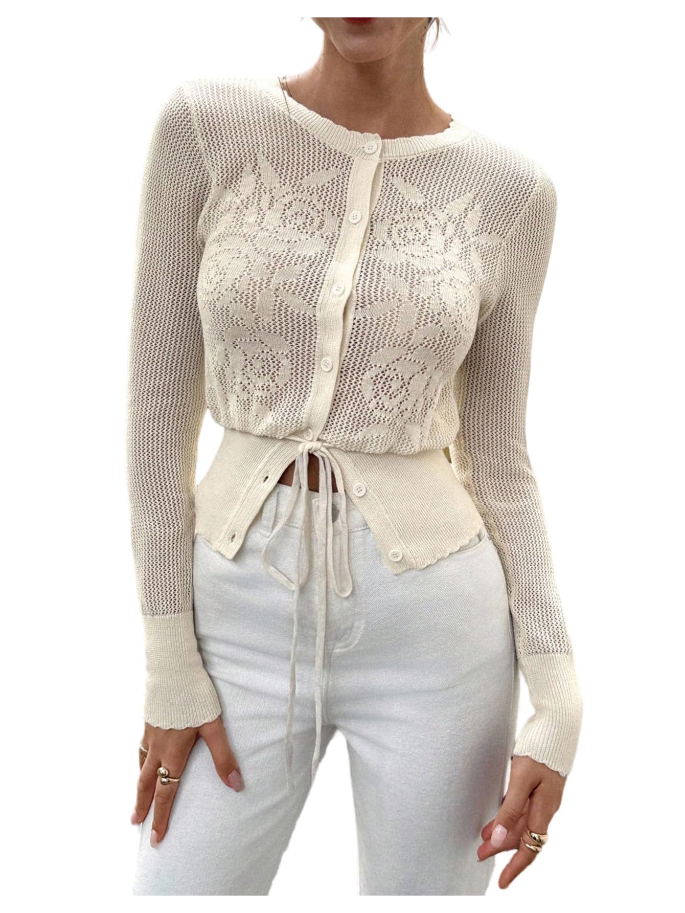 SHENHE Womens Button Up Cardigan Sweater Hollow Out Flower Knit Slim Fit Fall Sweater