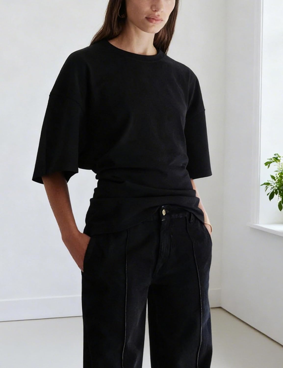 Womens Oversized Short Batwing Sleeve Tops Casual Drop Shoulders T-Shirt Draped Back Workout Tee(Black-M) - Image 3