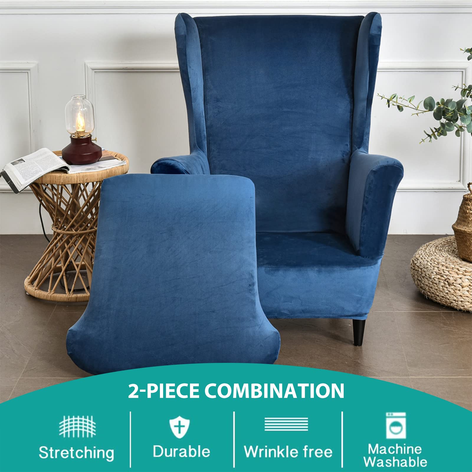 Copripoltrona con orecchie con Fodera per Cuscino Copripoltrona 1 Posto Tinta unita 2-Pezzi MorbidoCopripoltrona Relax Elasticizzato Copri Divano-blu scuro