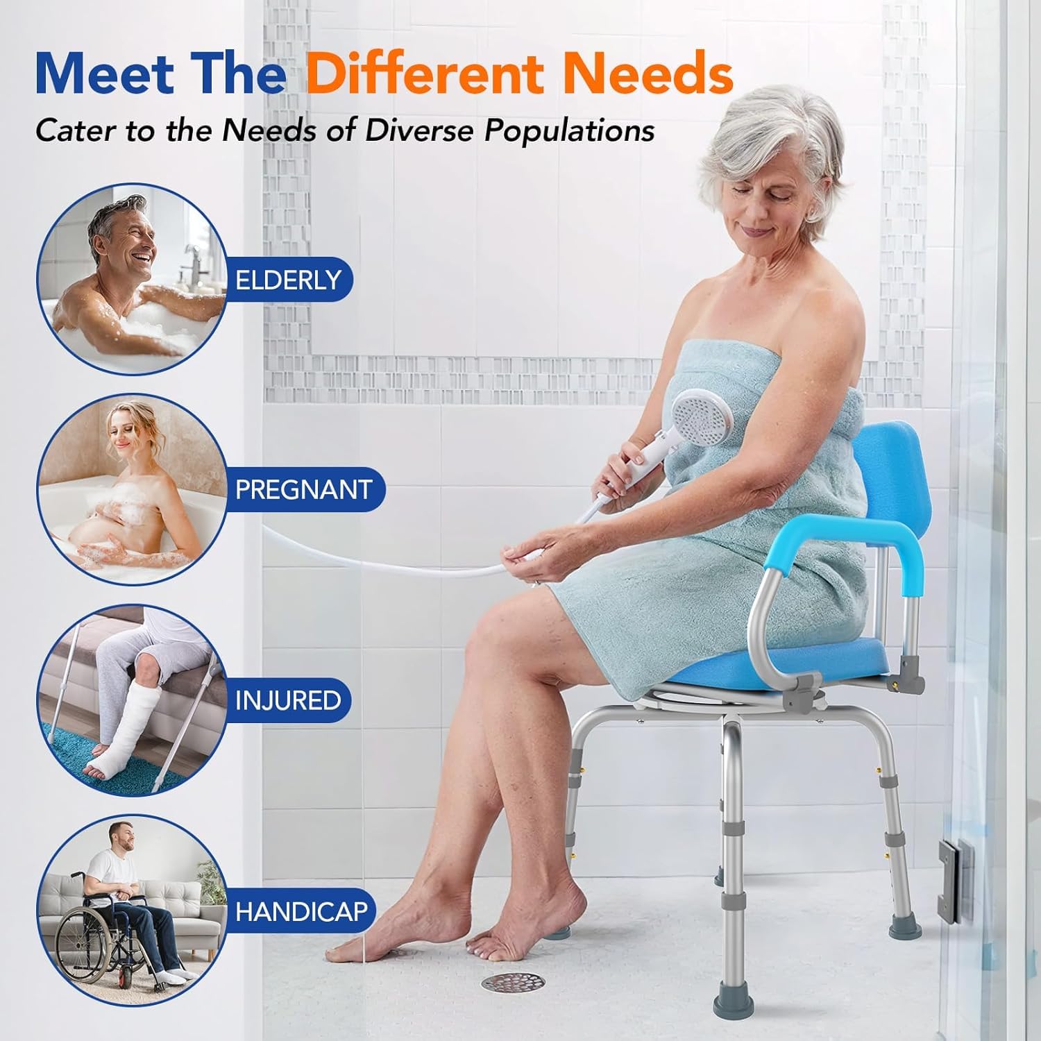 Silla de ducha giratoria de 360° elegible para FSA/HSA para ducha interior, asiento de ducha ajustable con brazo giratorio, asiento de baño para bañera, silla de bañera para discapacitados para