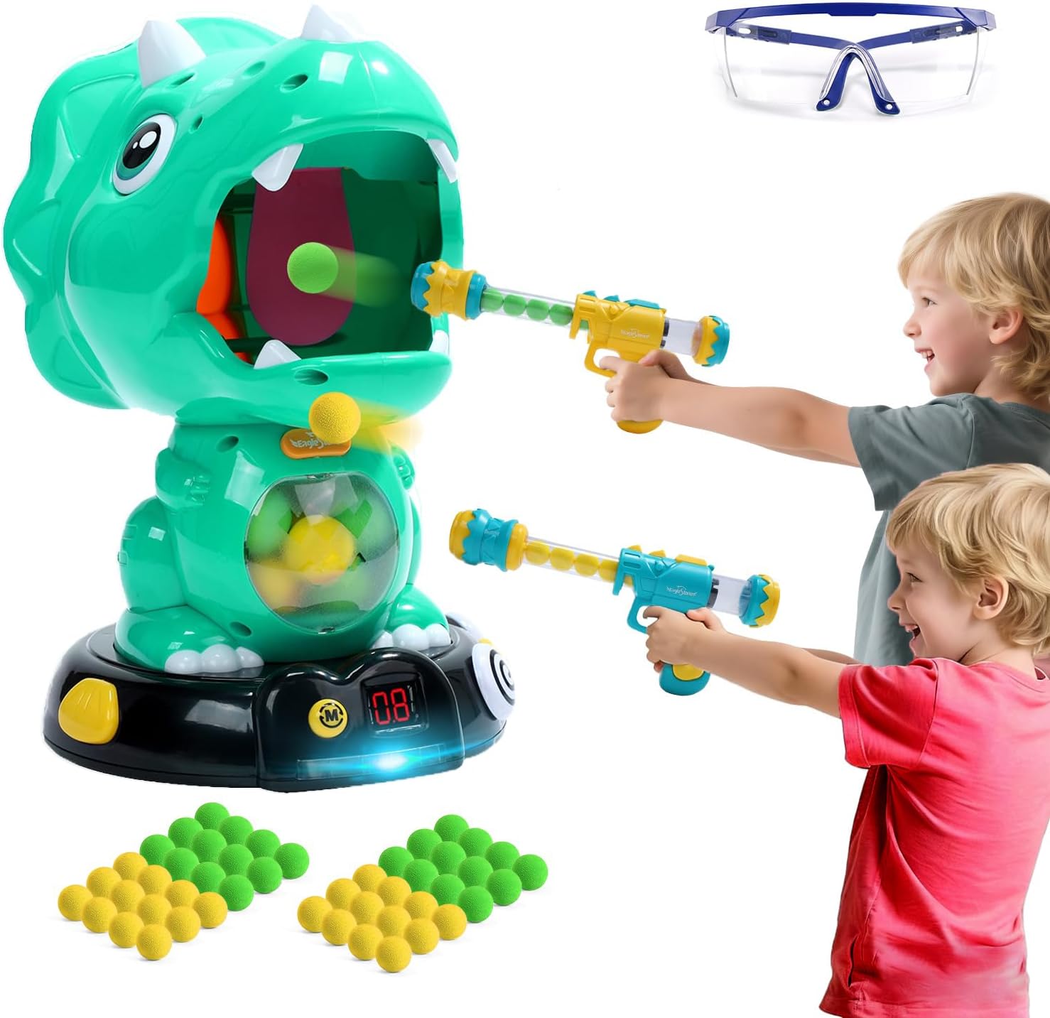 EagleStone Moveable Dinosaur Shooting Toys for Kids, Triceratops Dino Shooting Games with 2 Gun, 48 Balls, LCD Score Record, for Boys and Girls, Party Favor for Indoor and Outdoor 10b-green