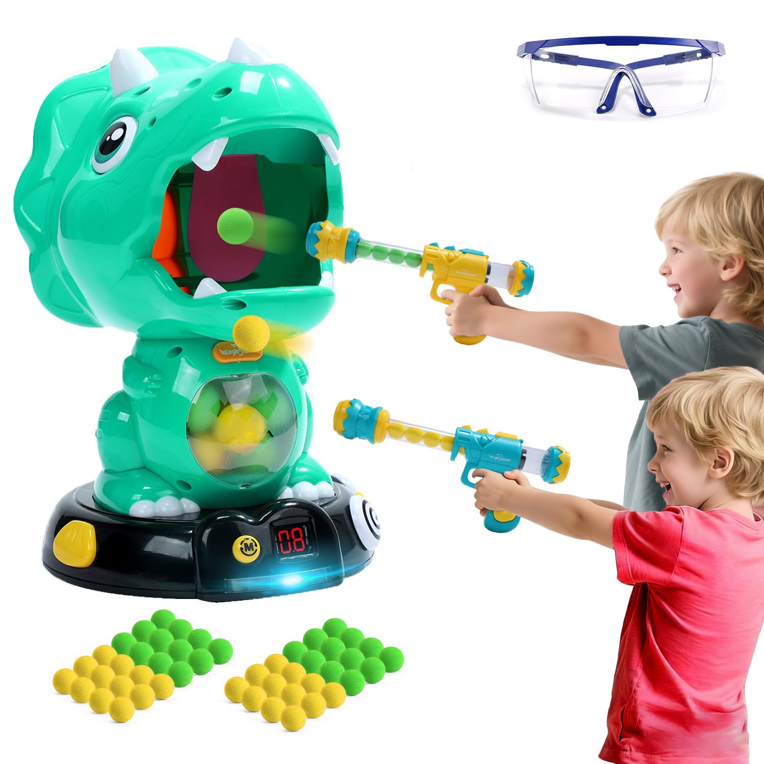 Moveable Dinosaur Shooting Toys for Kids, Triceratops Dino Shooting Games with 2 Gun, 48 Balls, LCD Score Record, for Boys and Girls, Party Favor for Indoor and Outdoor